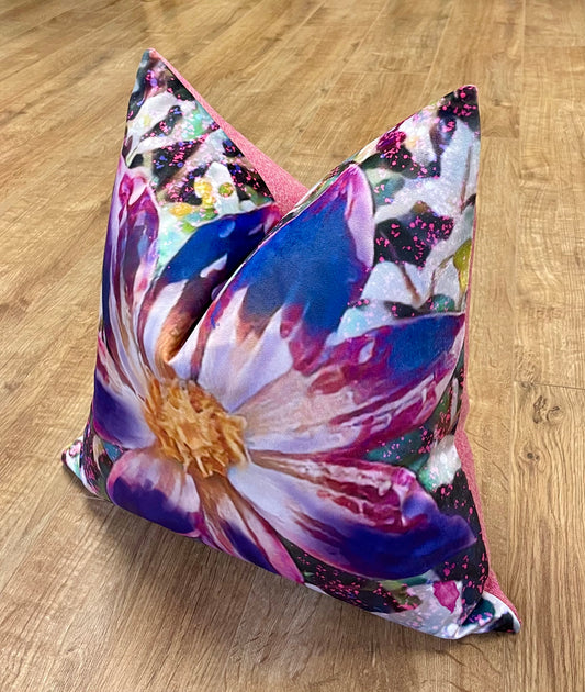 Arran Flower Velvet and Harris Tweed Cushion 18”