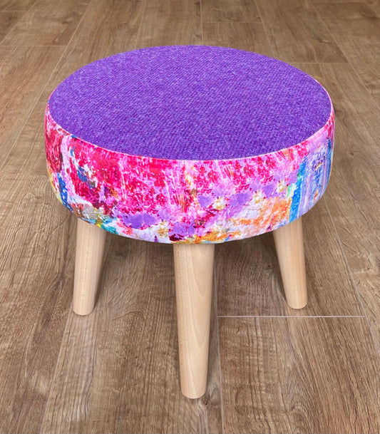 Paint Spray Velvet and Purple Harris Tweed Small Footstool