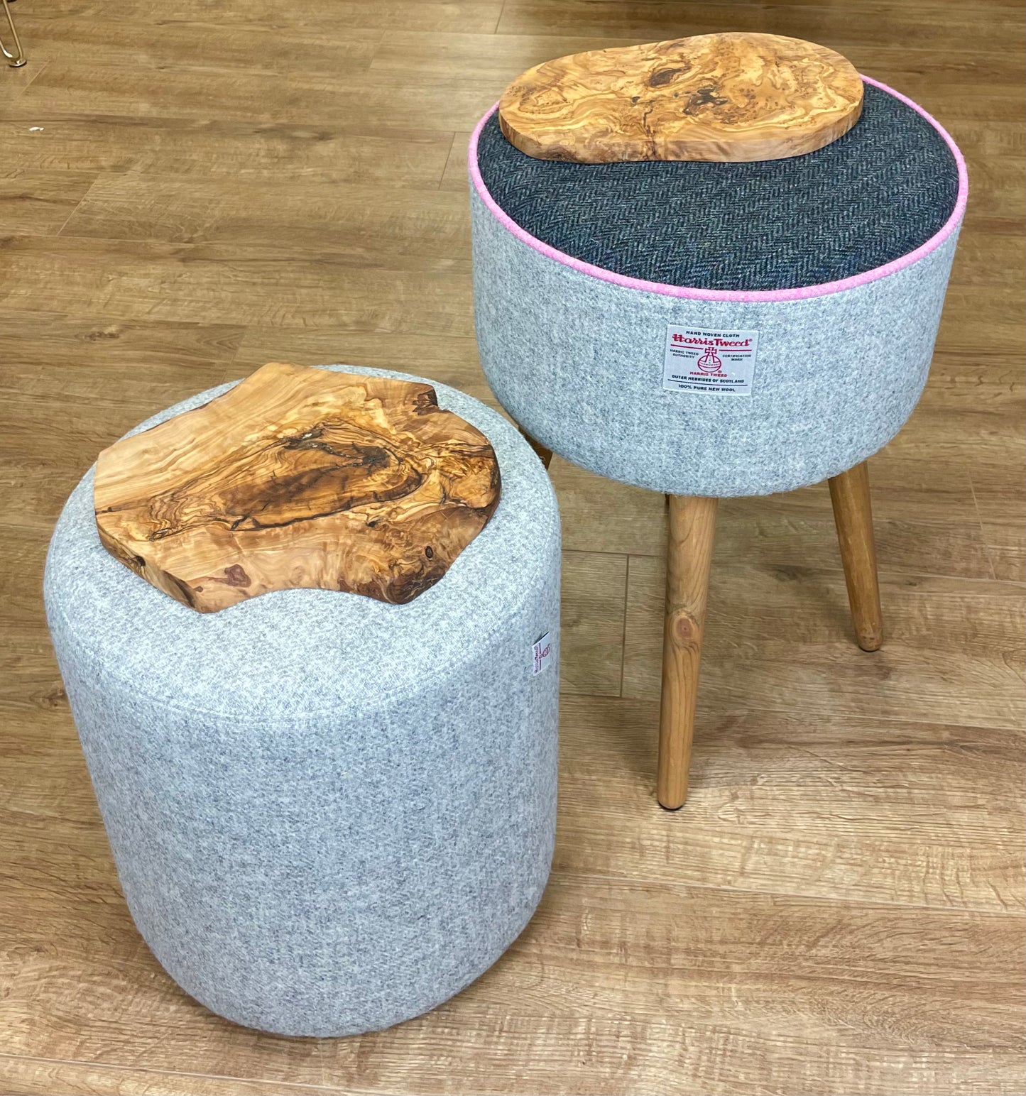 Rustic Style End Table, Grey and Charcoal Harris Tweed with Pink Piping and and Olive Wood Top