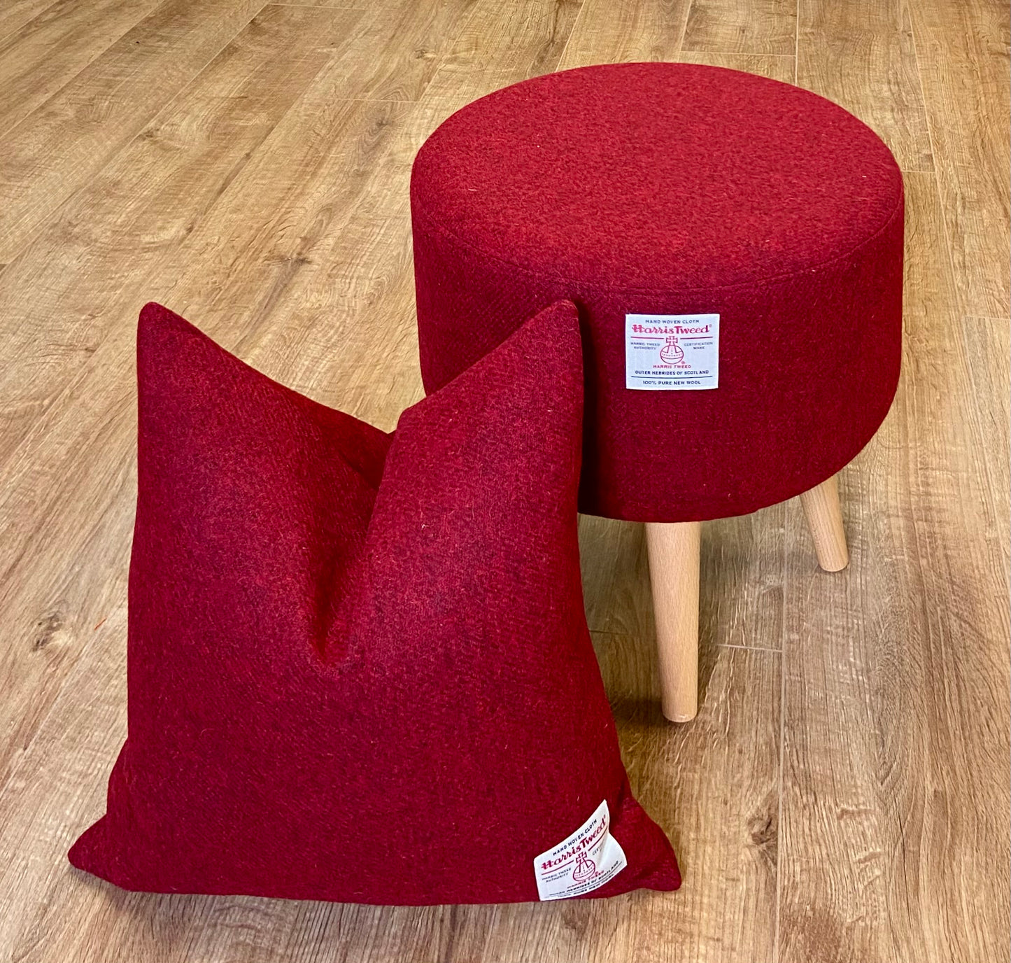 Red Harris Tweed Footstool with Varnished Light Wooden Legs