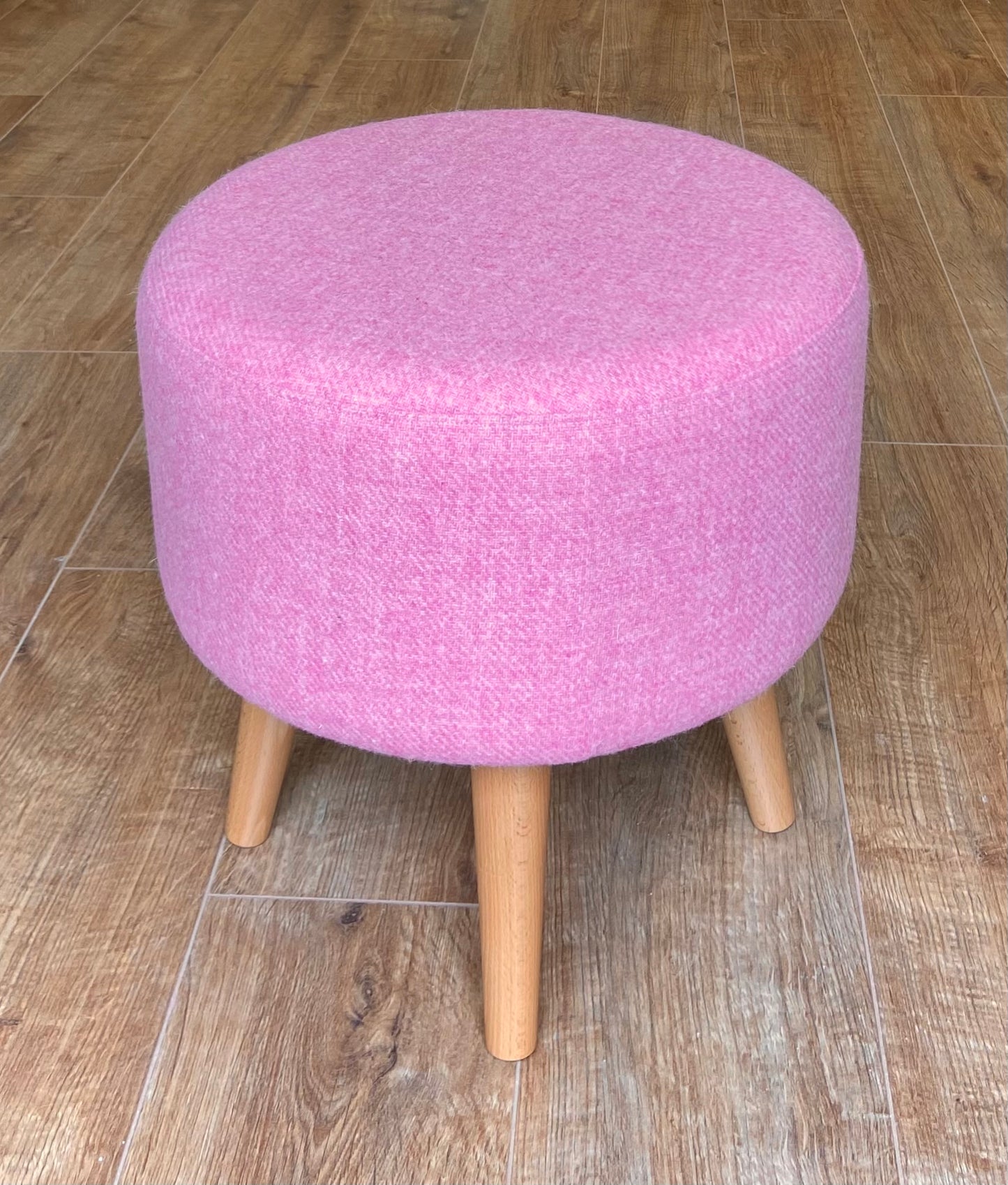 Light Pink Harris Tweed Footstool with Varnished Wooden Legs