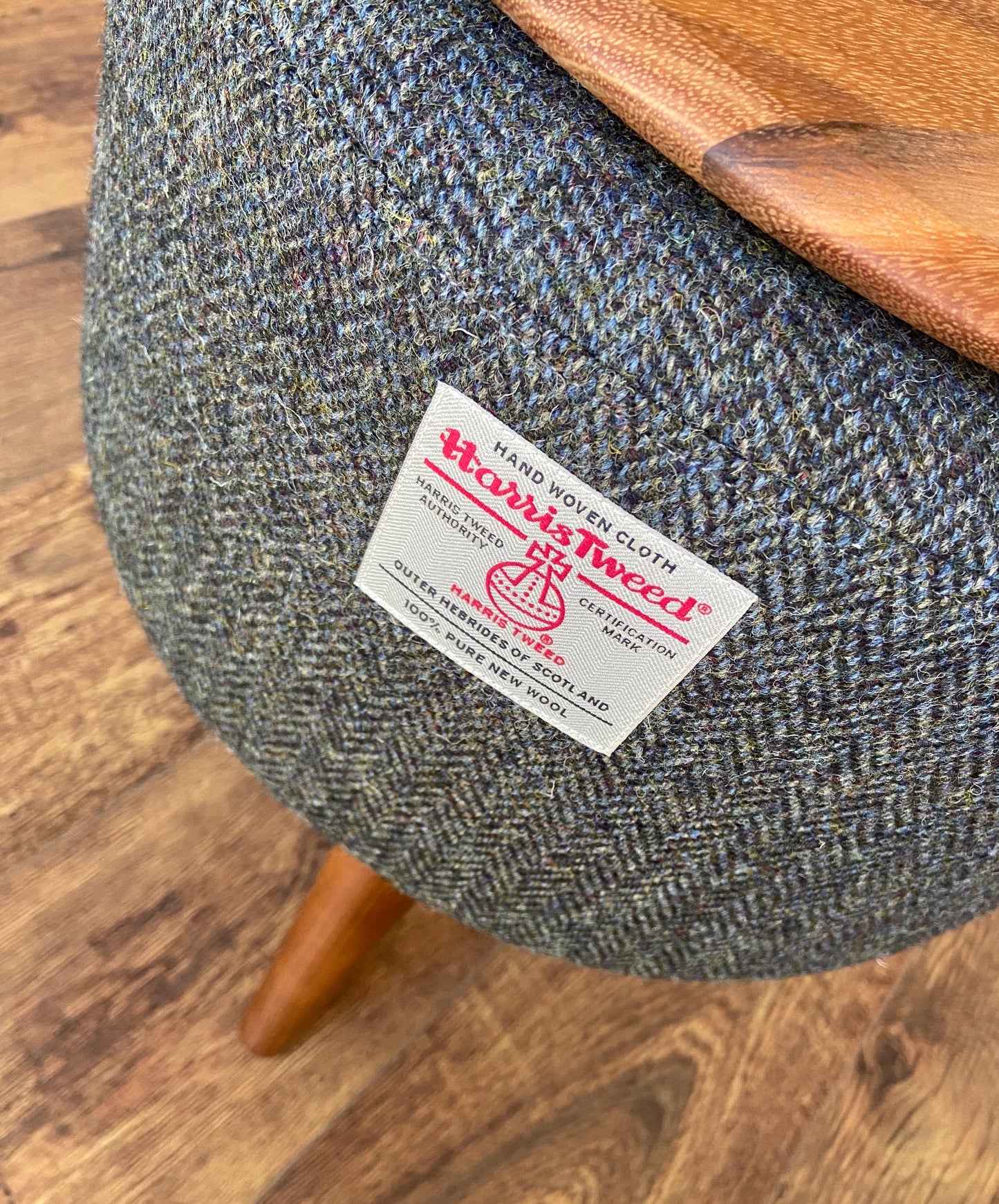 Side Table, Charcoal Harris Tweed with Removable Wooden Top and Dark Varnished Wooden Legs