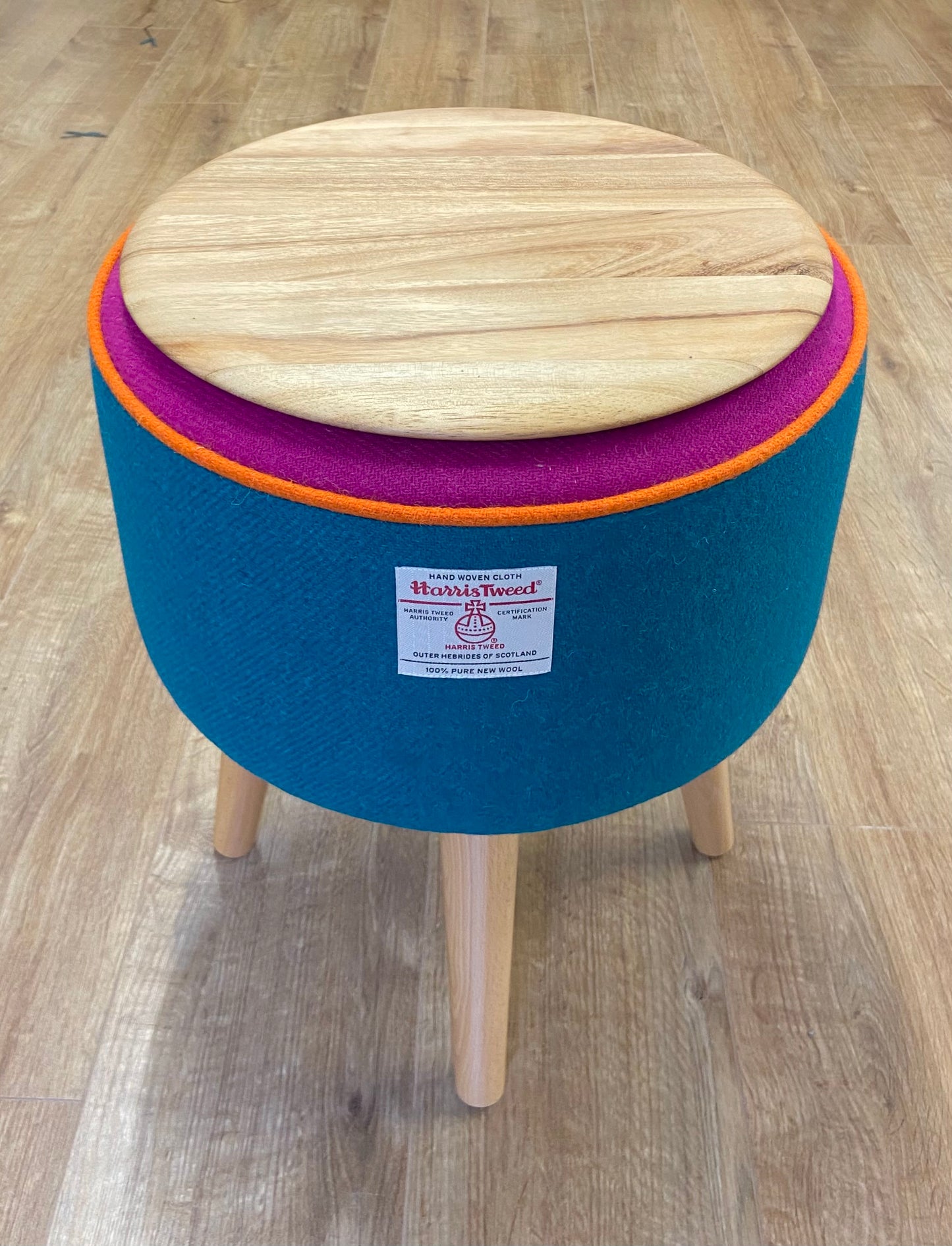 Rainbow End Table, Teal and Fuchsia Harris Tweed with Orange Piping and Removable Wooden Top