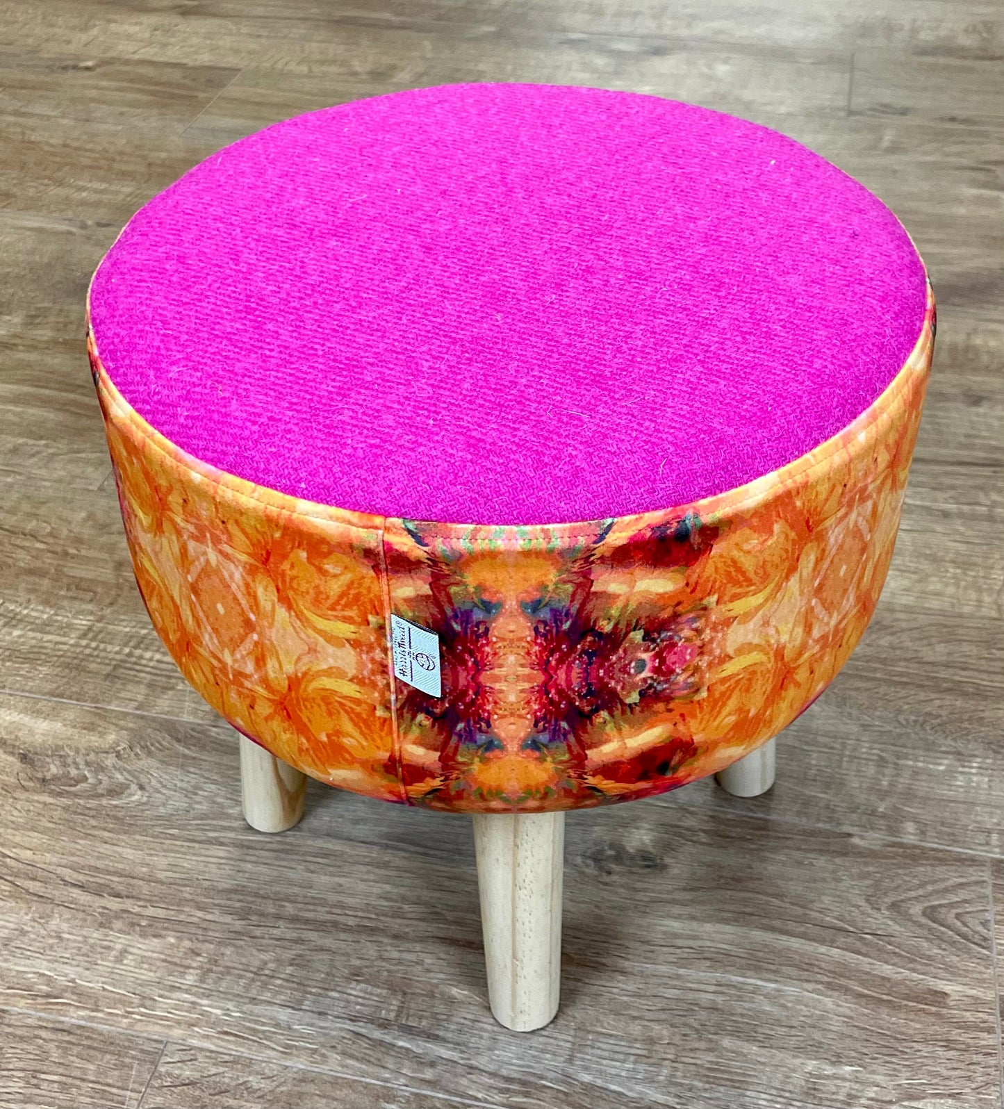 Fire Velvet and Bright Pink Harris Tweed Upholstered Footstool with Light Rustic Wooden Legs.
