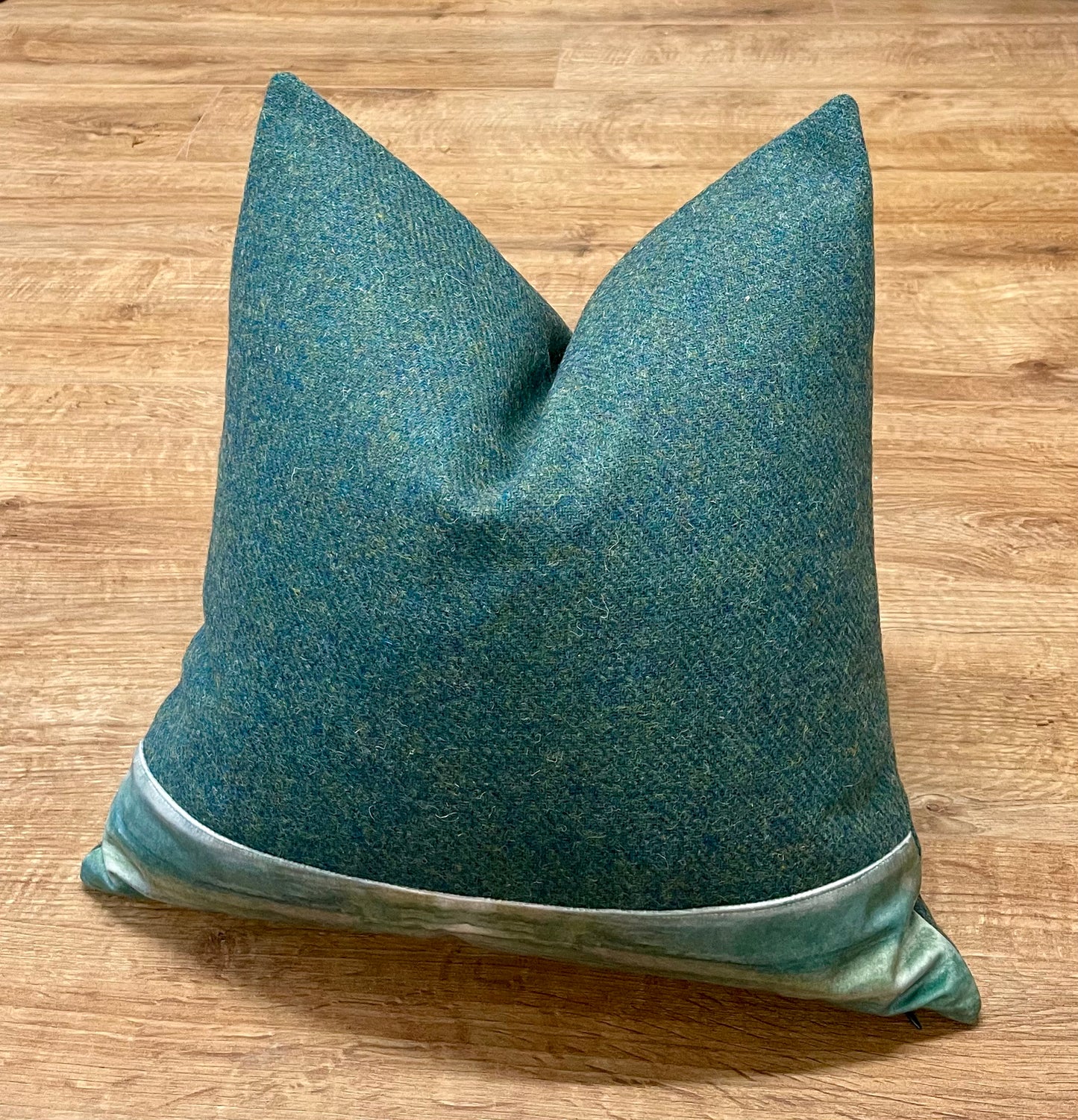Green Harris Tweed Cushion with Emerald Sea Velvet Trim 18”
