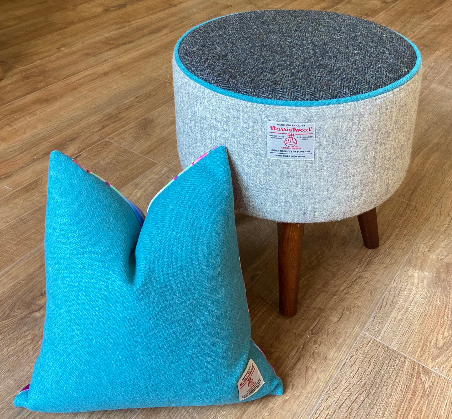 Grey and Charcoal Harris Tweed Footstool with Turquoise Piping and Dark Varnished Wooden Legs