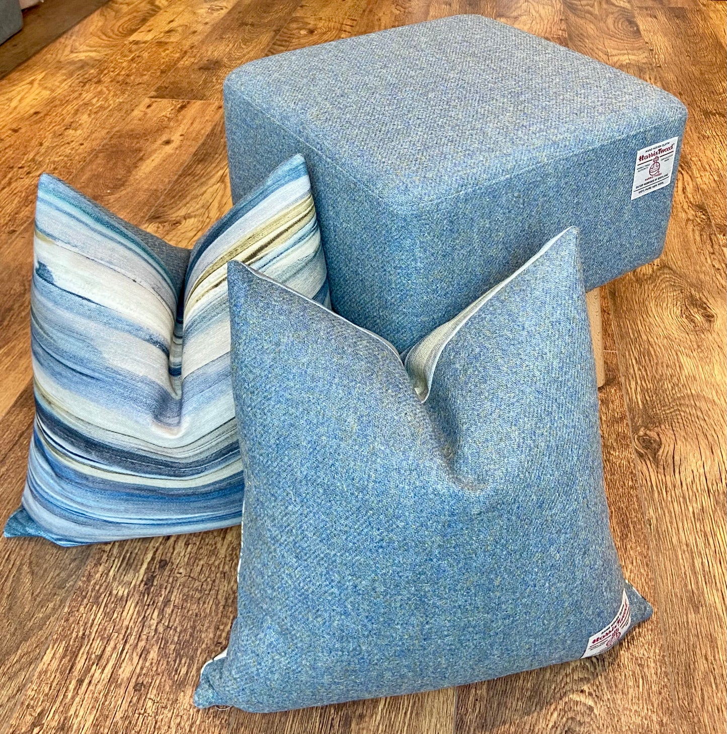 Sky Blue Square Footstool, Harris Tweed with Varnished Wooden Legs