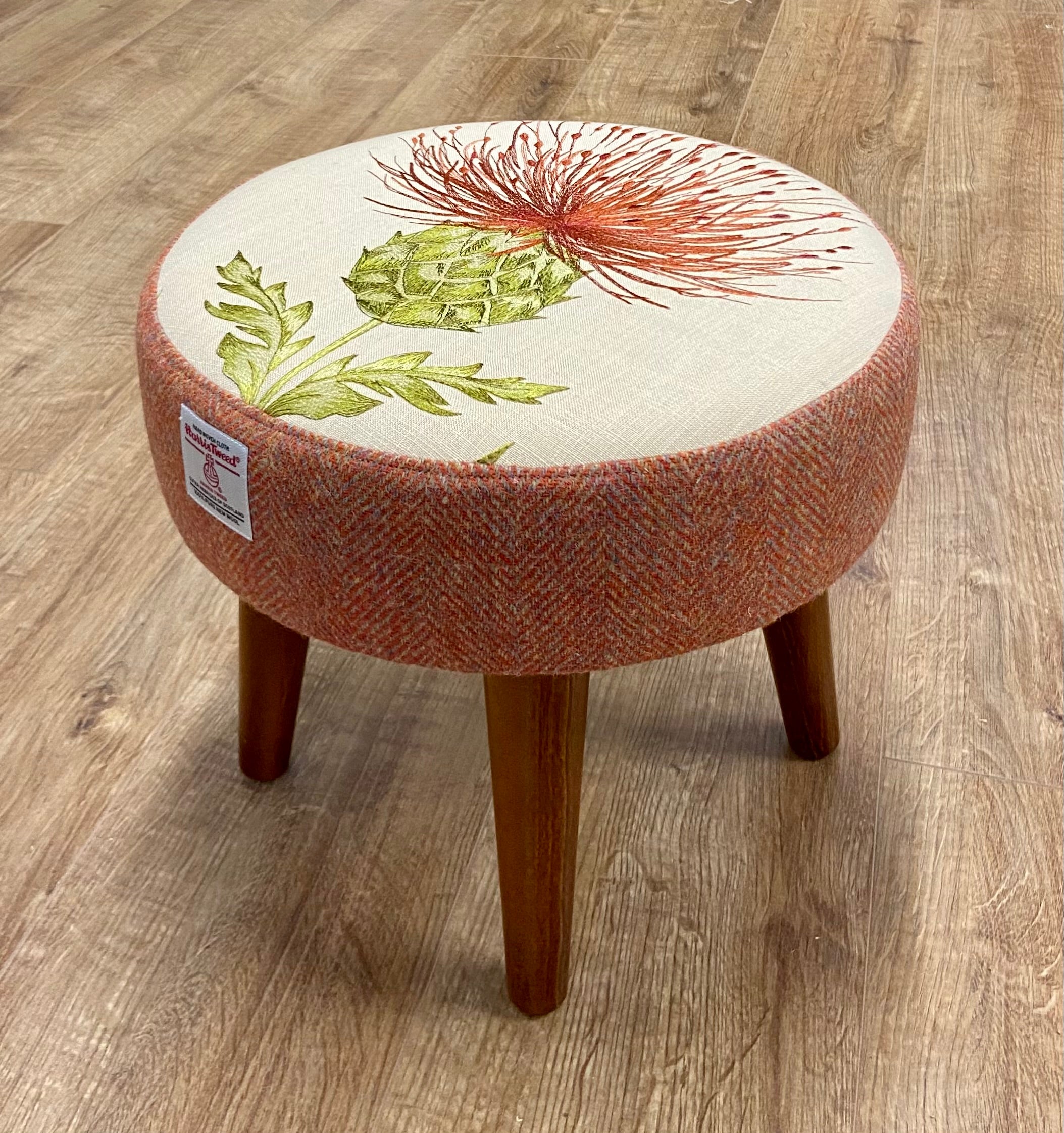 Vintage Scalloped Wood Footstool with Brown Tweed Plaid Upholstered Top buy - Classic and Simple Footrest - Unmarked - 8