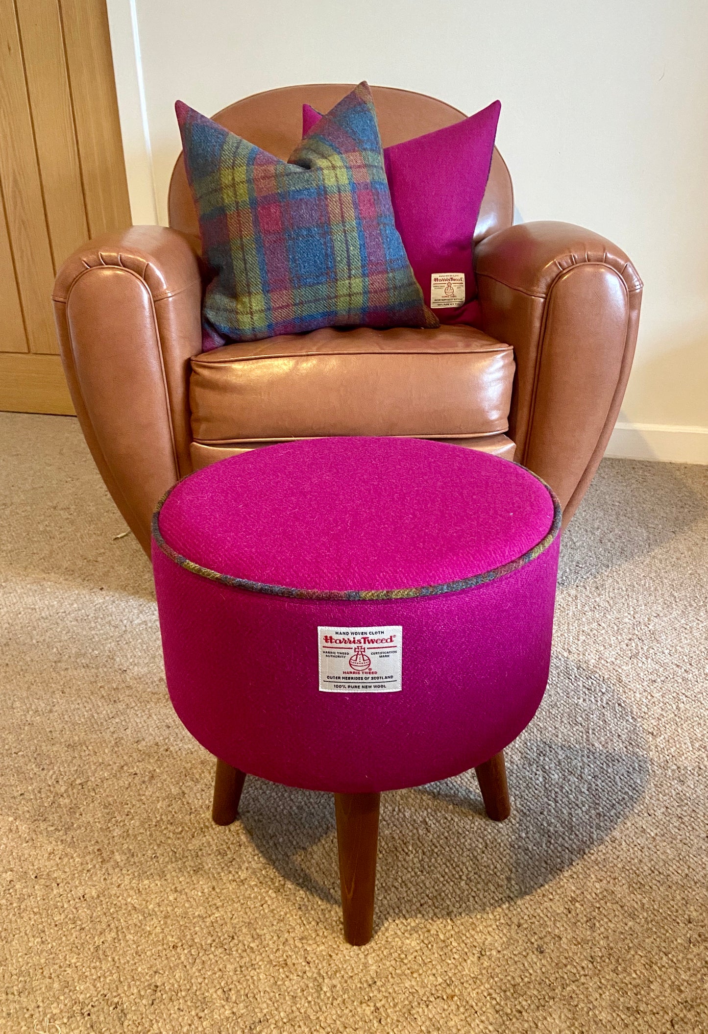 Fuchsia Harris Tweed Footstool with Tartan Piping and Dark Varnished Wooden Legs