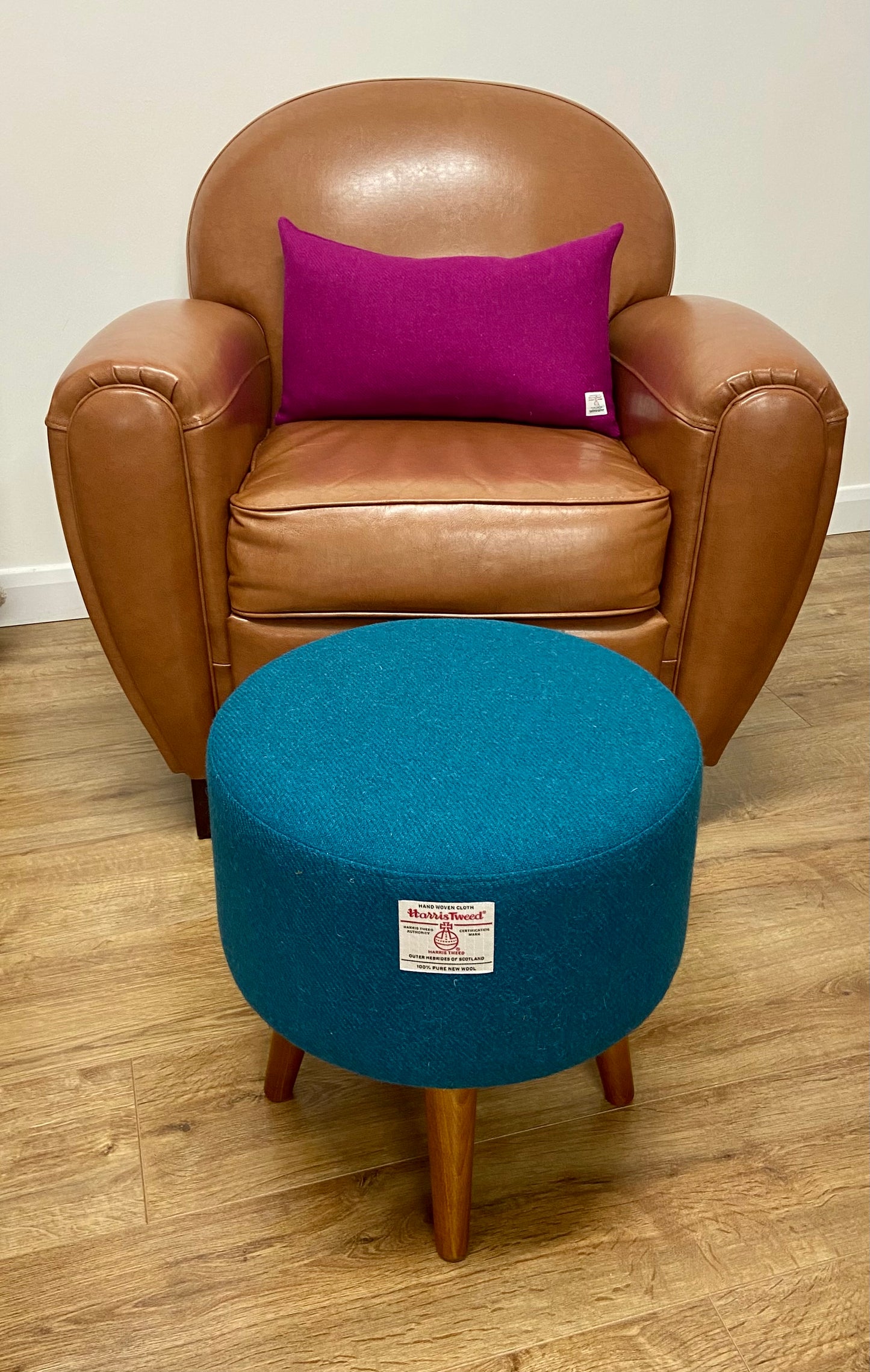 Teal Harris Tweed Footstool with Varnished Wooden Legs