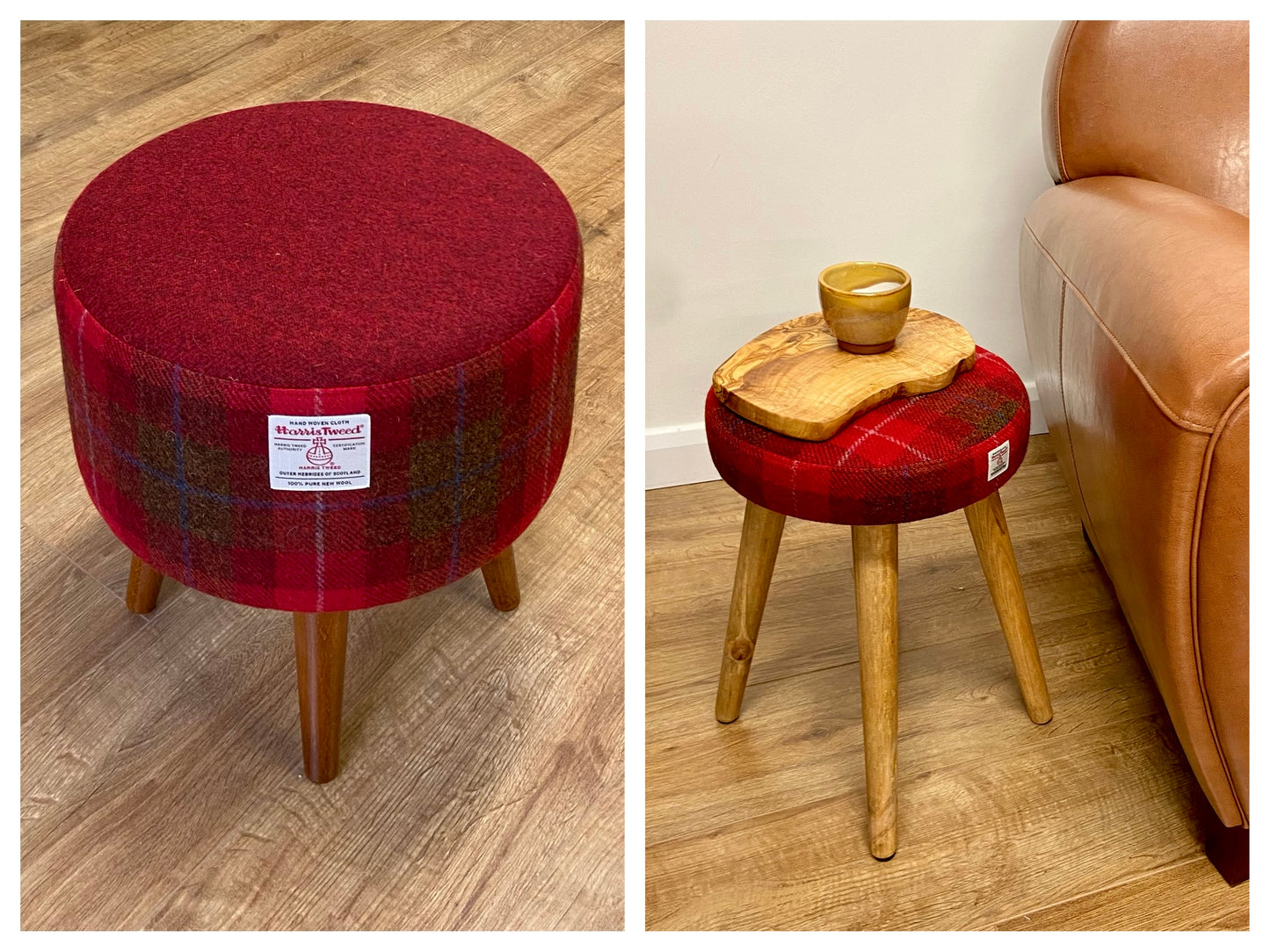 Red Tartan Harris Tweed Footstool with Dark Varnished Wooden Legs