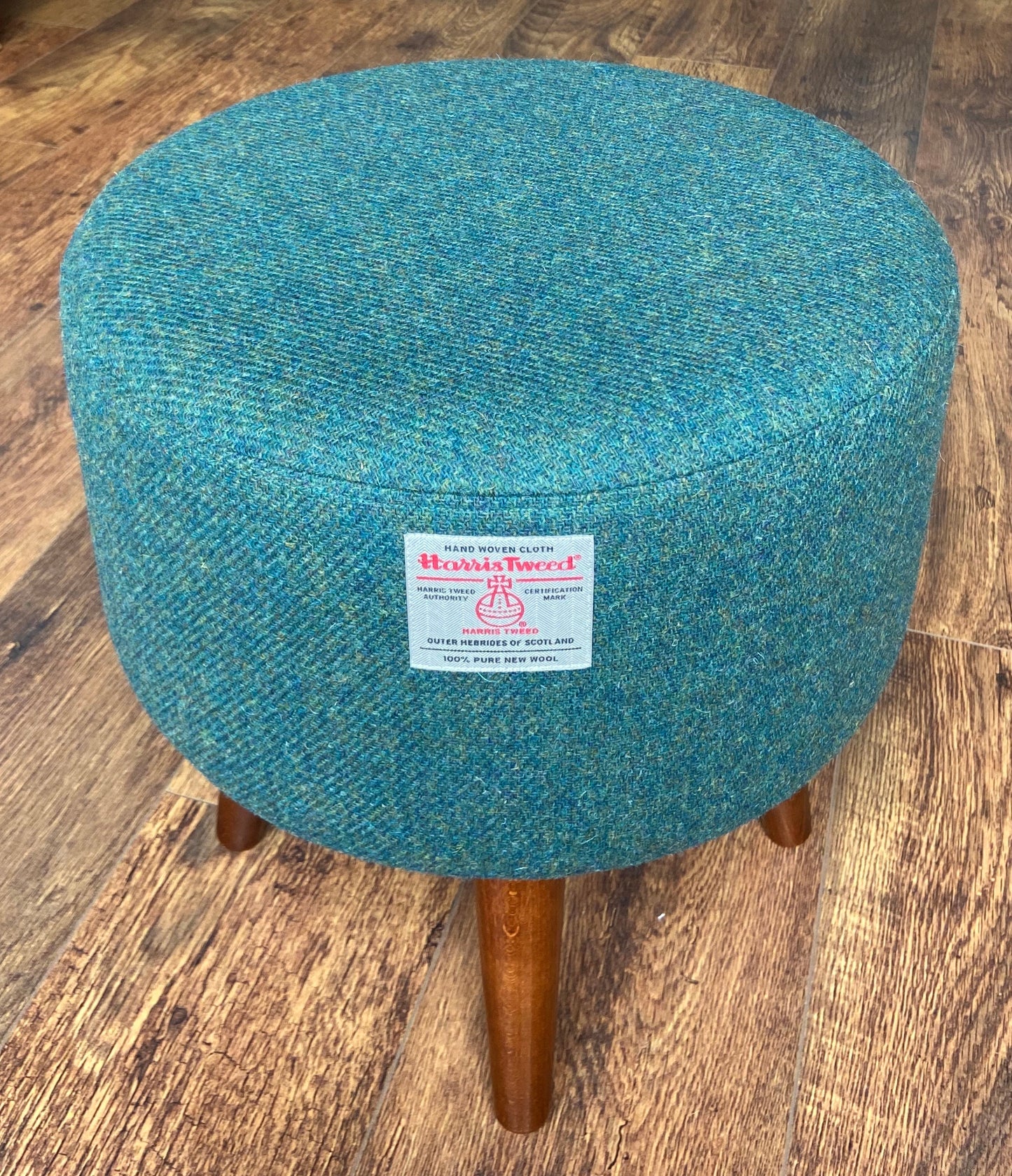 Green Harris Tweed Footstool with Dark Varnished Wooden Legs