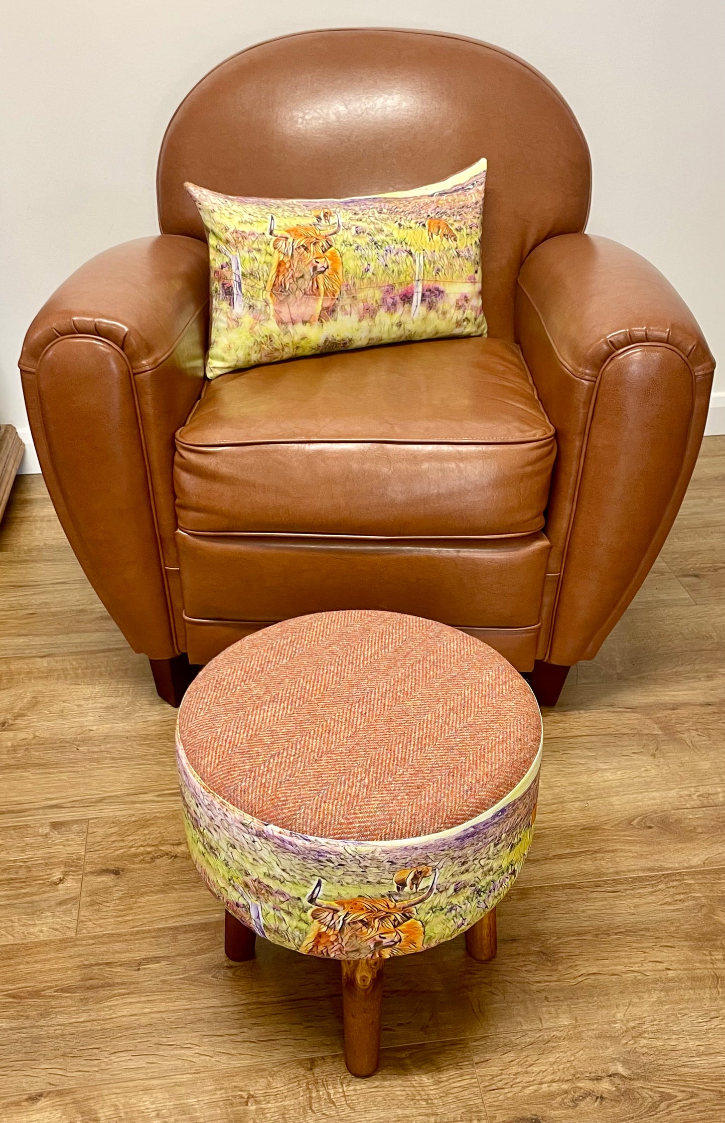 Highland Cow and Rust Harris Tweed Oblong Cushion