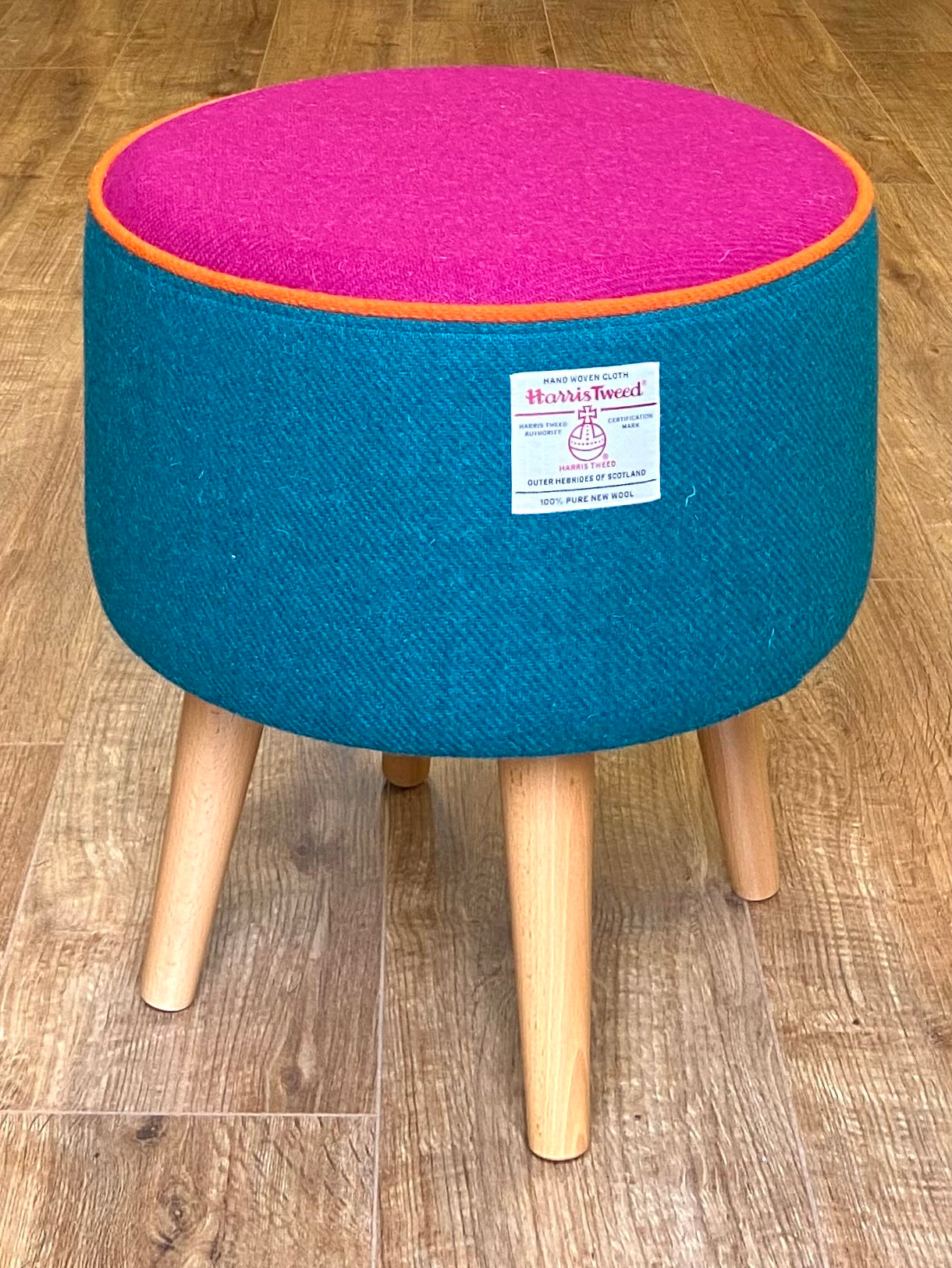 Teal and Fuchsia Harris Tweed Footstool with Orange Piping and Varnished Wooden Legs