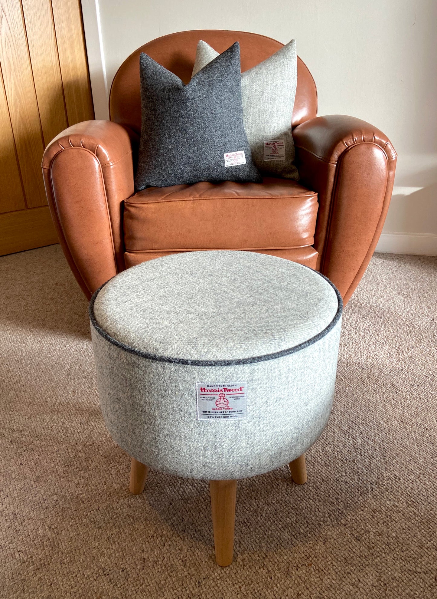 Grey Harris Tweed Footstool with Charcoal Piping and Varnished Wooden Legs