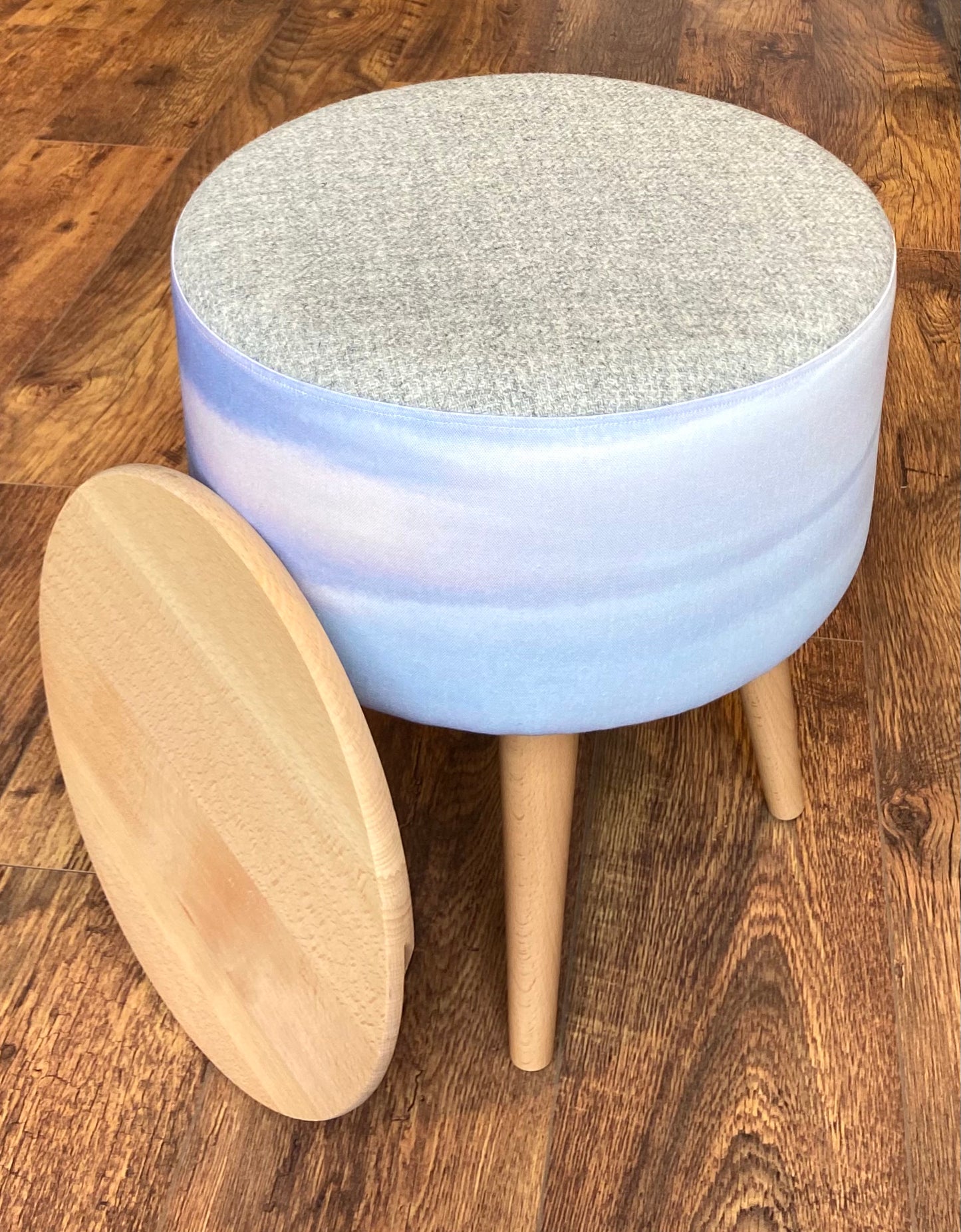 End Table: Skyscape and Grey Harris Tweed with Light Wooden Legs and Top