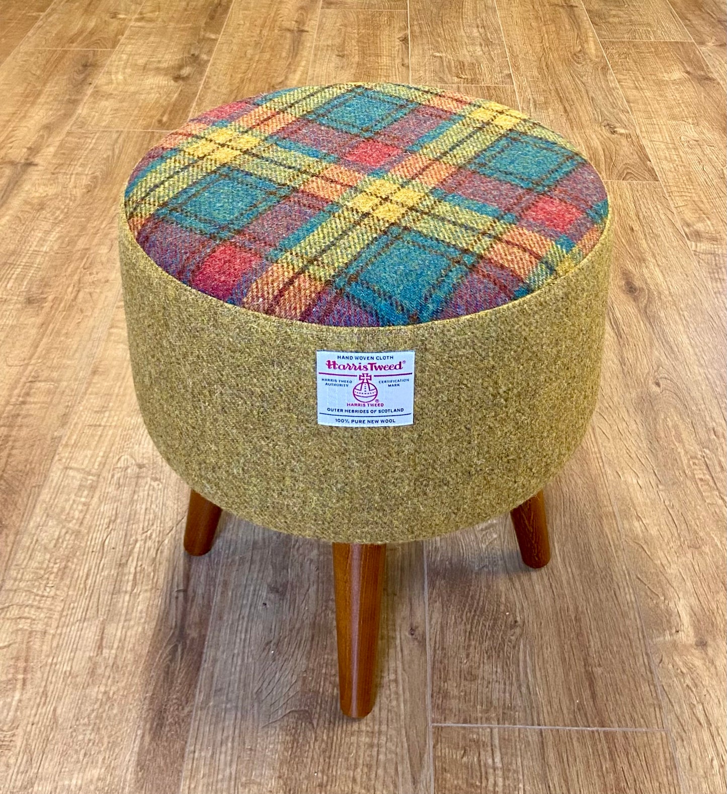 Mustard, Green and Red Tartan Harris Tweed Footstool with Dark Varnished Wooden Legs