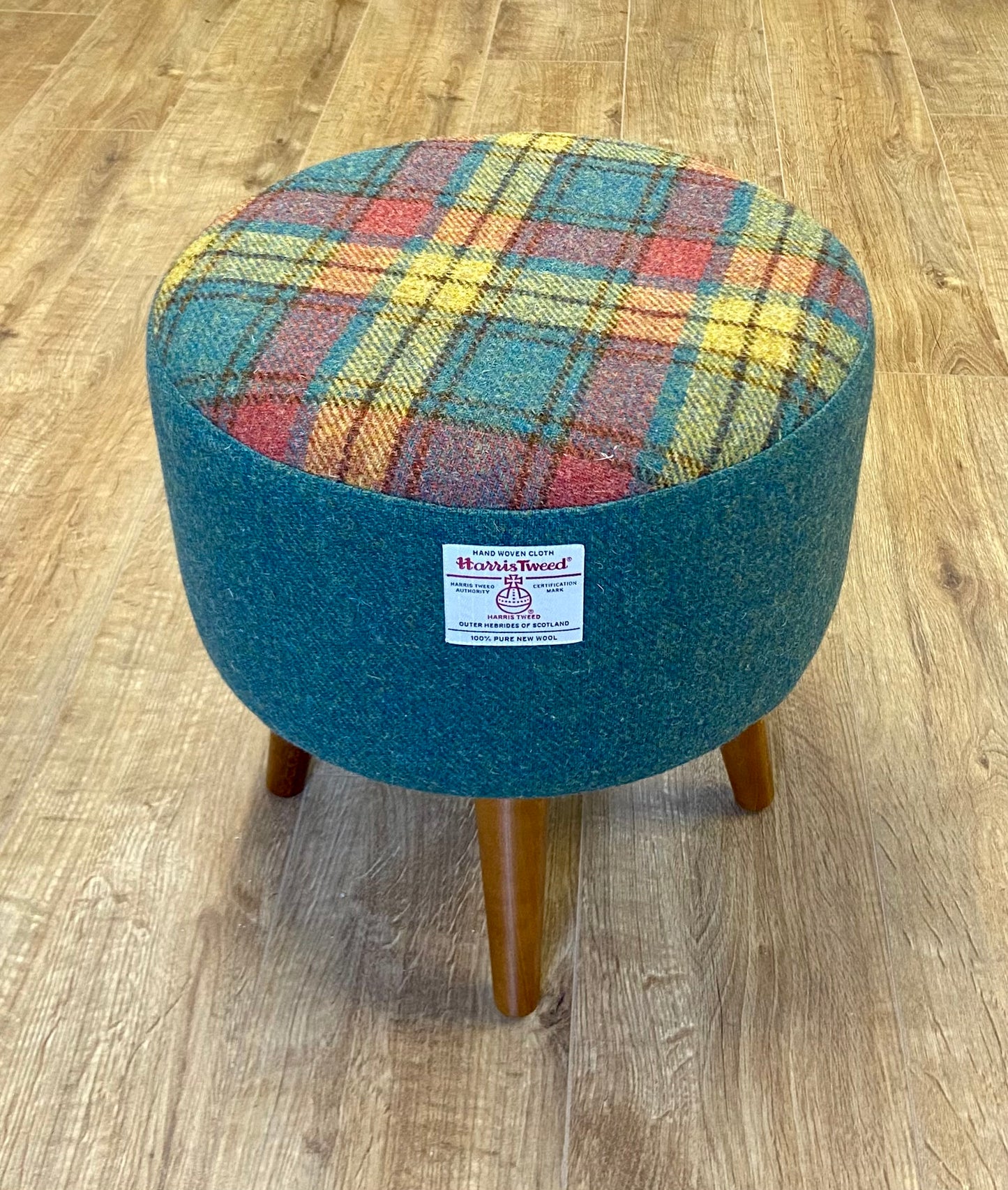 Green, Red and Mustard Tartan Harris Tweed Footstool with Dark Varnished Wooden Legs