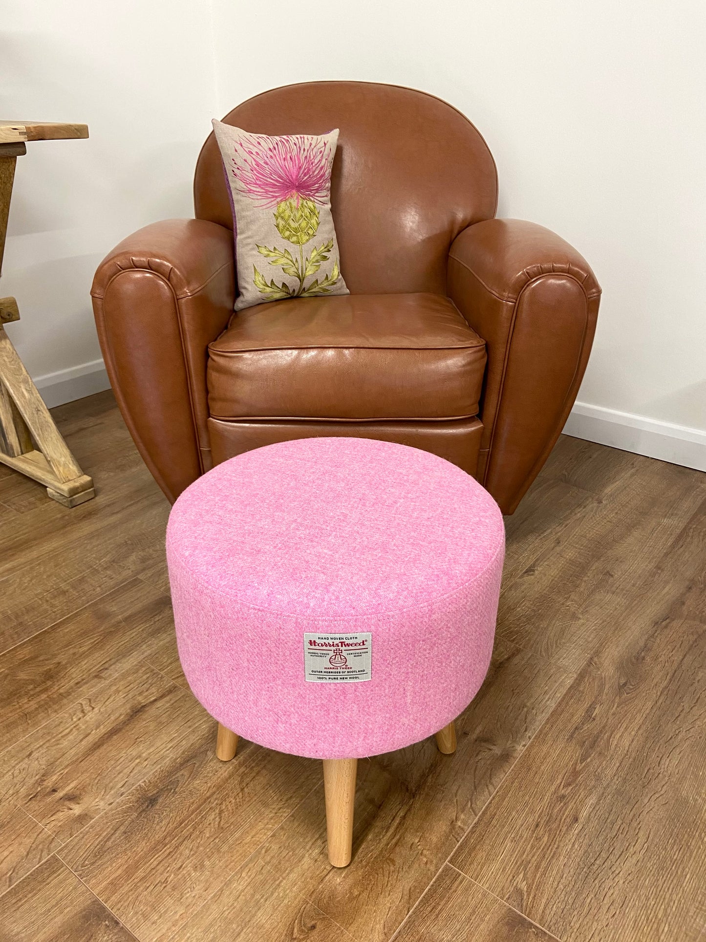 Light Pink Harris Tweed Footstool with Varnished Wooden Legs