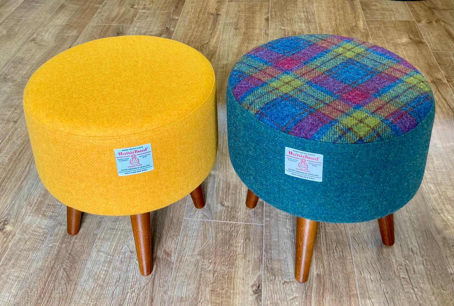 Tartan and Green Harris Tweed Footstool with Dark Varnished Wooden Legs