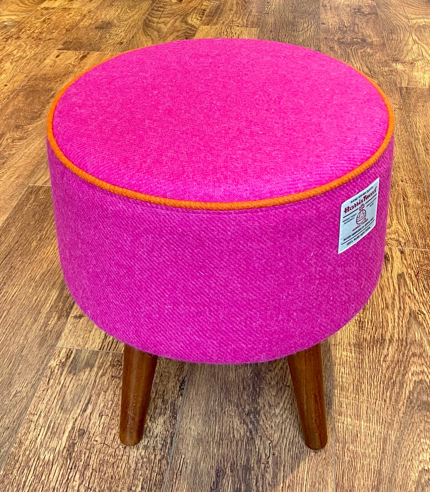 Pink Harris Tweed Footstool with Orange Piping and Dark Wooden Legs