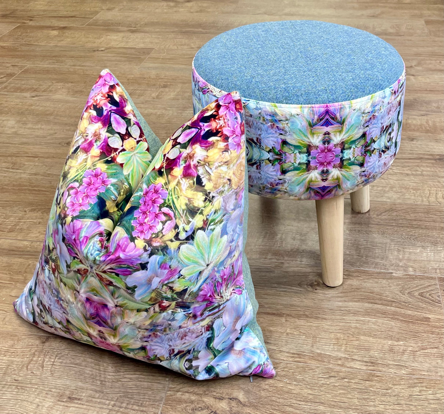 Floral Velvet and Light Blue Harris Tweed Upholstered Footstool with Light Rustic Wooden Legs.