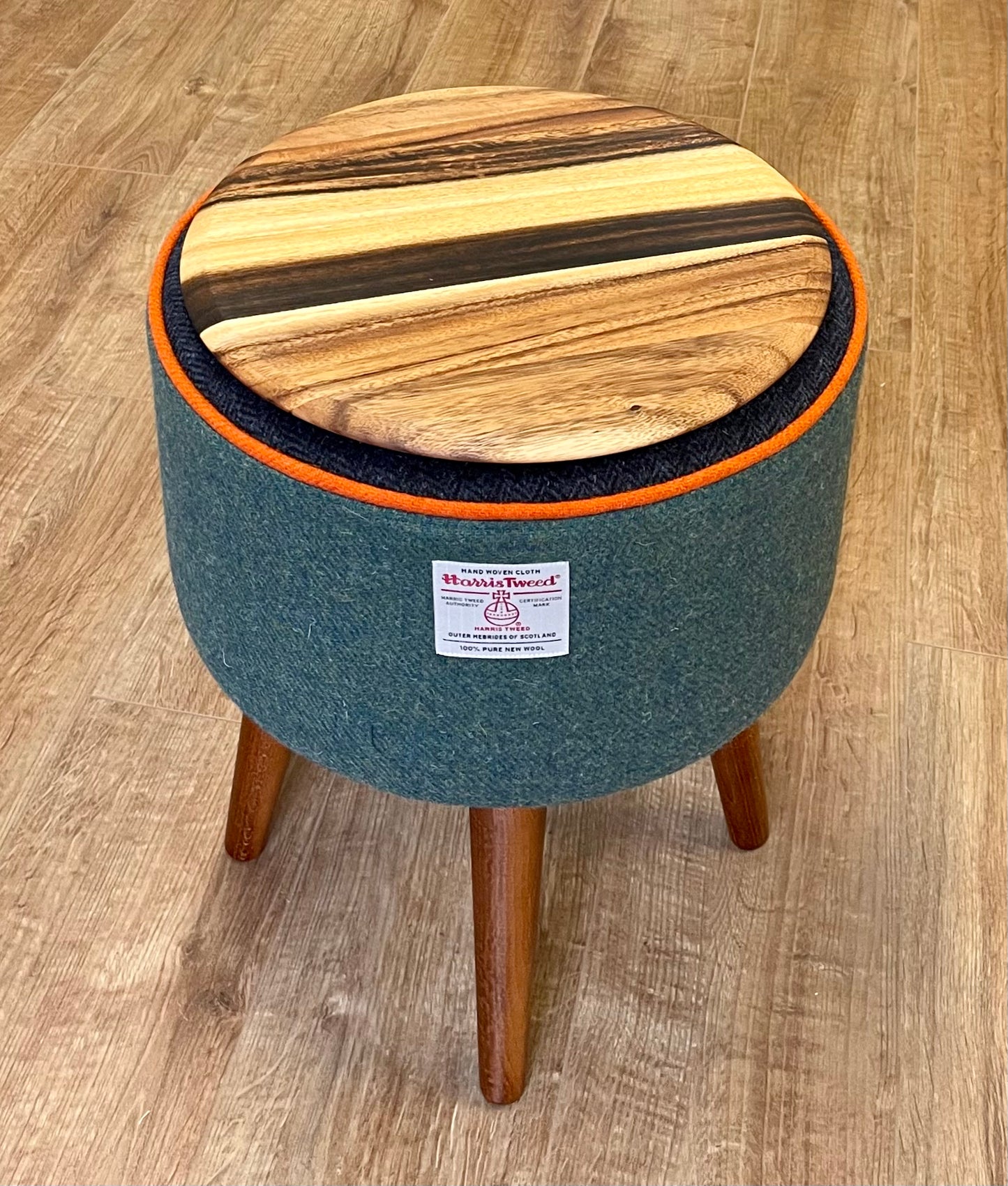 Green and Navy Harris Tweed Table with Orange Piping and Removable Wooden Top