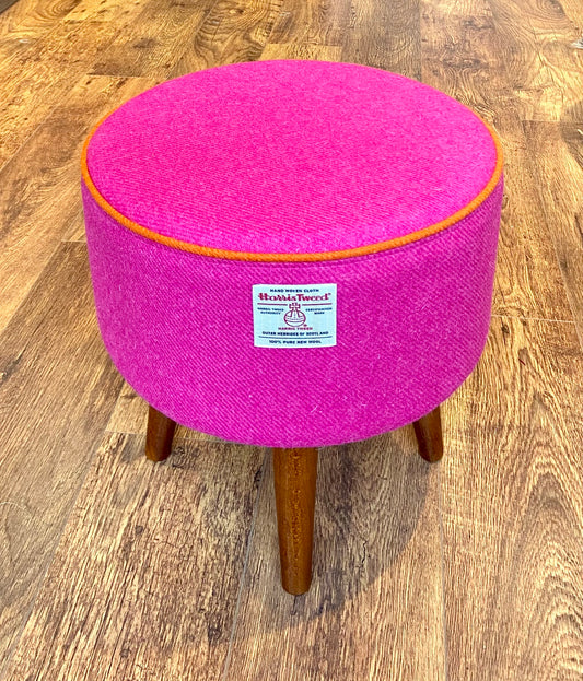 Pink Harris Tweed Footstool with Orange Piping and Dark Wooden Legs