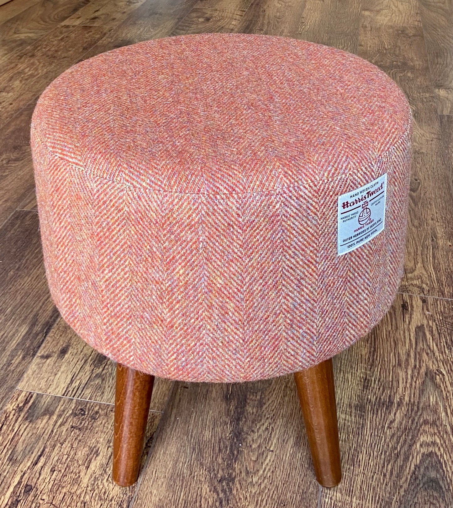 Rust / Burnt Orange Footstool: Harris Tweed, Dark Varnished Wooden Legs