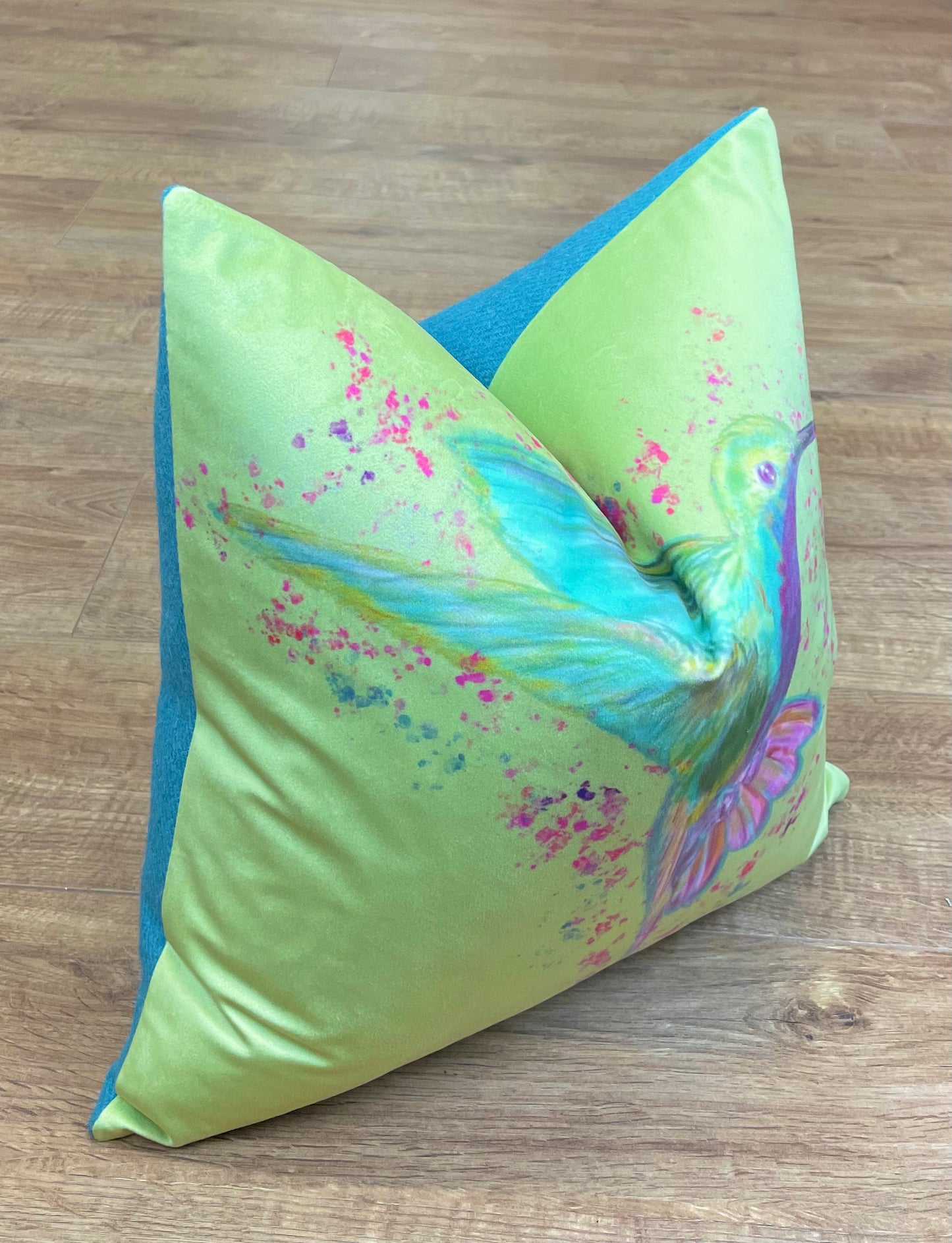 Rainbow Hummingbird Velvet and Turquoise Harris Tweed Cushion 18”