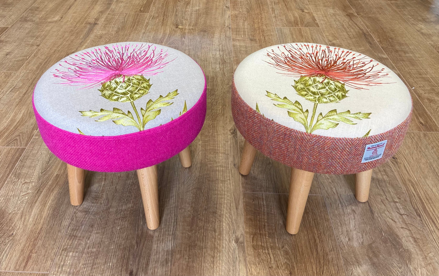 Bright Pink Embroidered Thistle and Harris Tweed Footstool with Varnished Wooden Legs