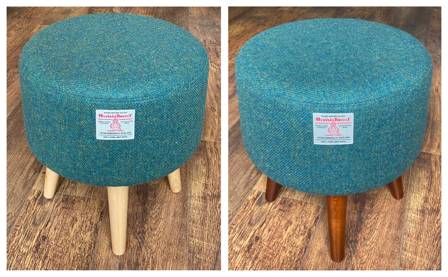 Green Harris Tweed Footstool with Dark Varnished Wooden Legs