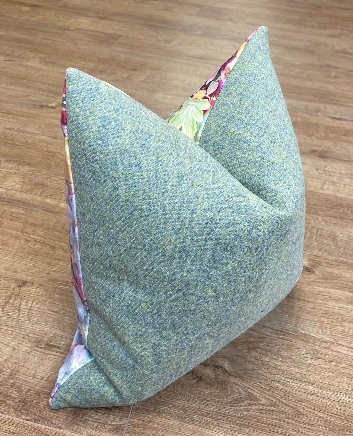 Soft Floral Velvet and Green Harris Tweed Cushion, Handmade, 18”