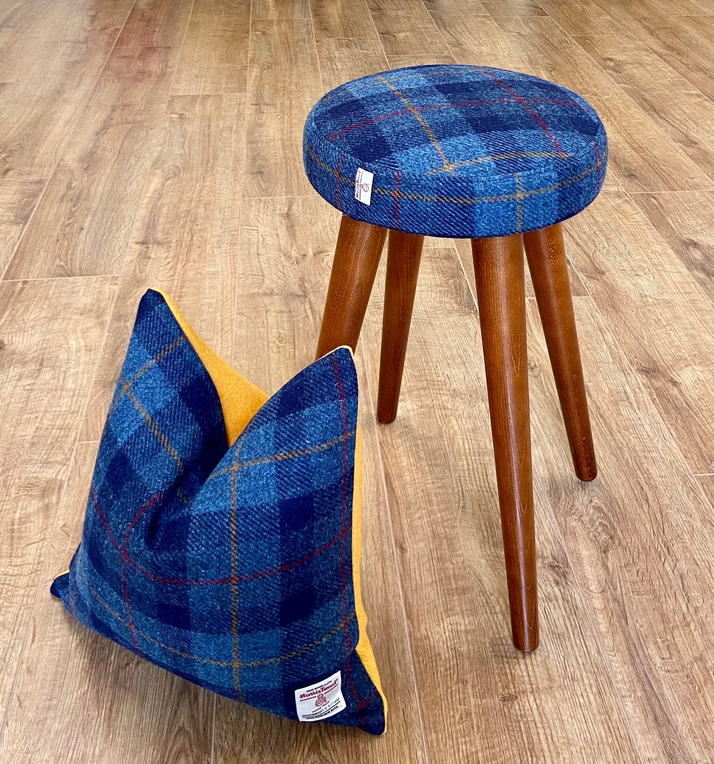 Blue Tartan and Yellow Harris Tweed Cushion 18”