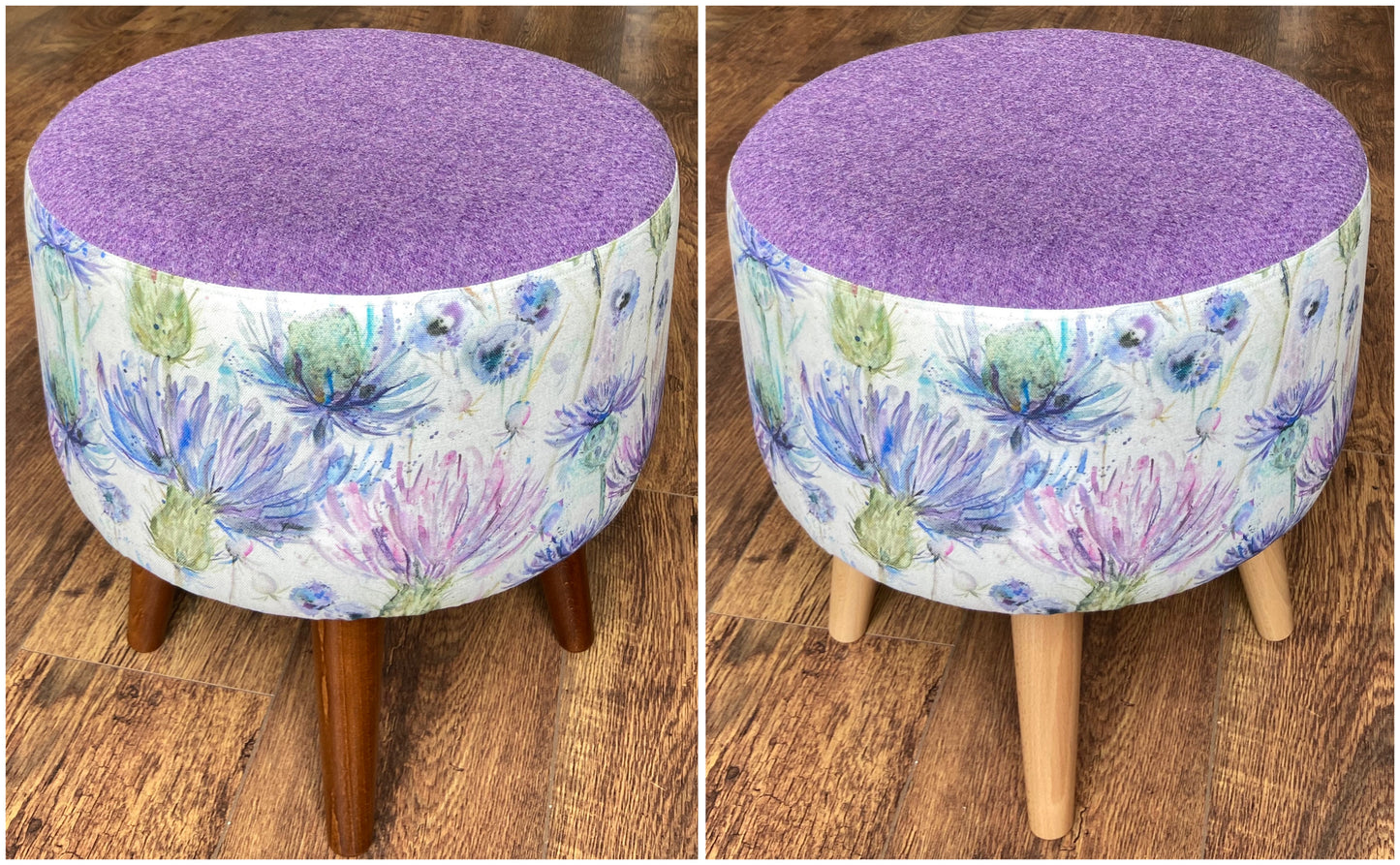 Watercolour Thistle Footstool with Lilac Harris Tweed and Varnished Wooden Legs