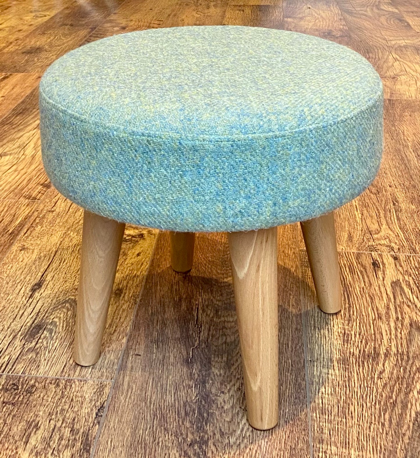 Light Green Harris Tweed Footstool with Varnished Wooden Legs