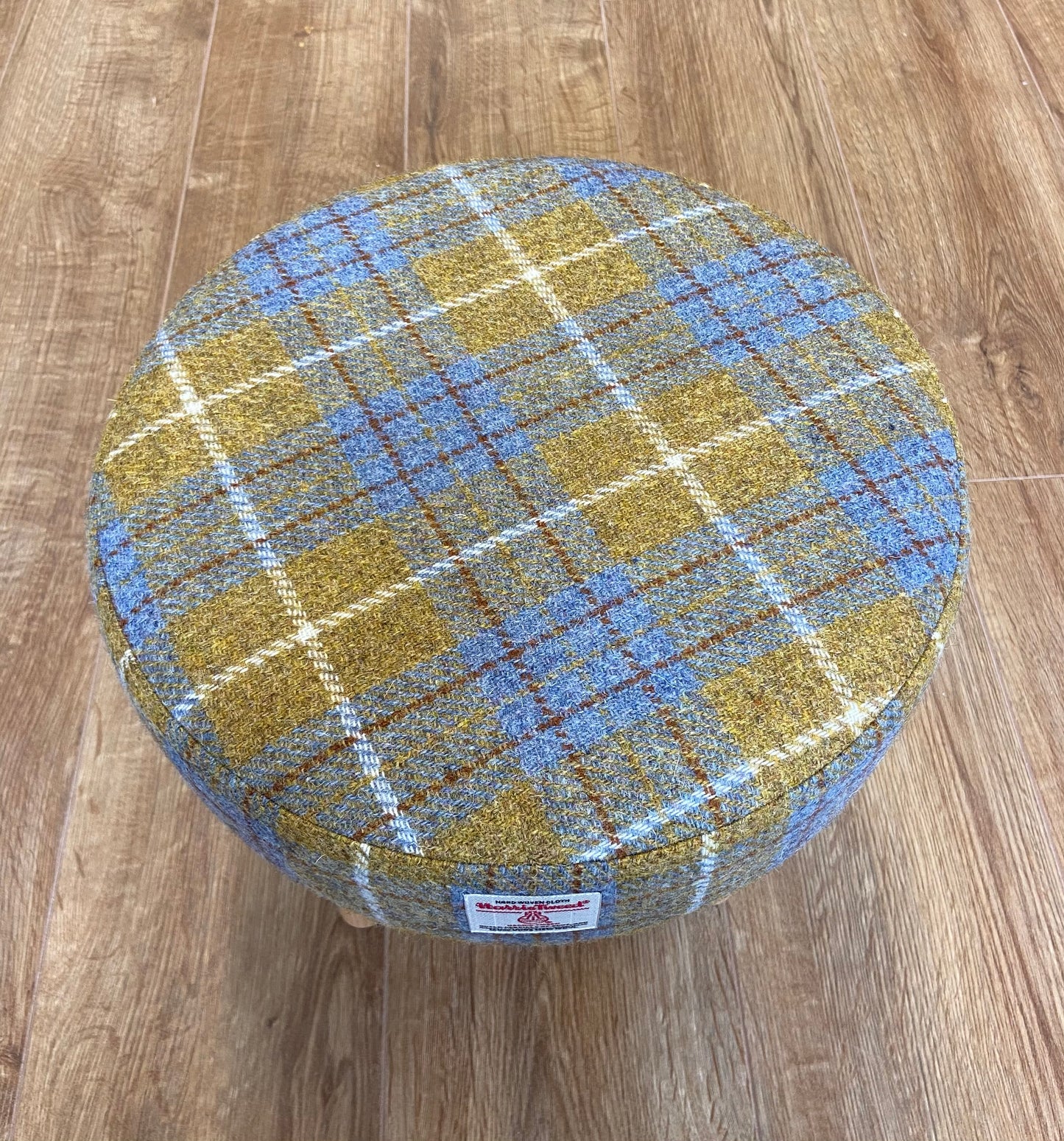 Mustard Tartan Harris Tweed Footstool with Varnished Light Wooden Legs