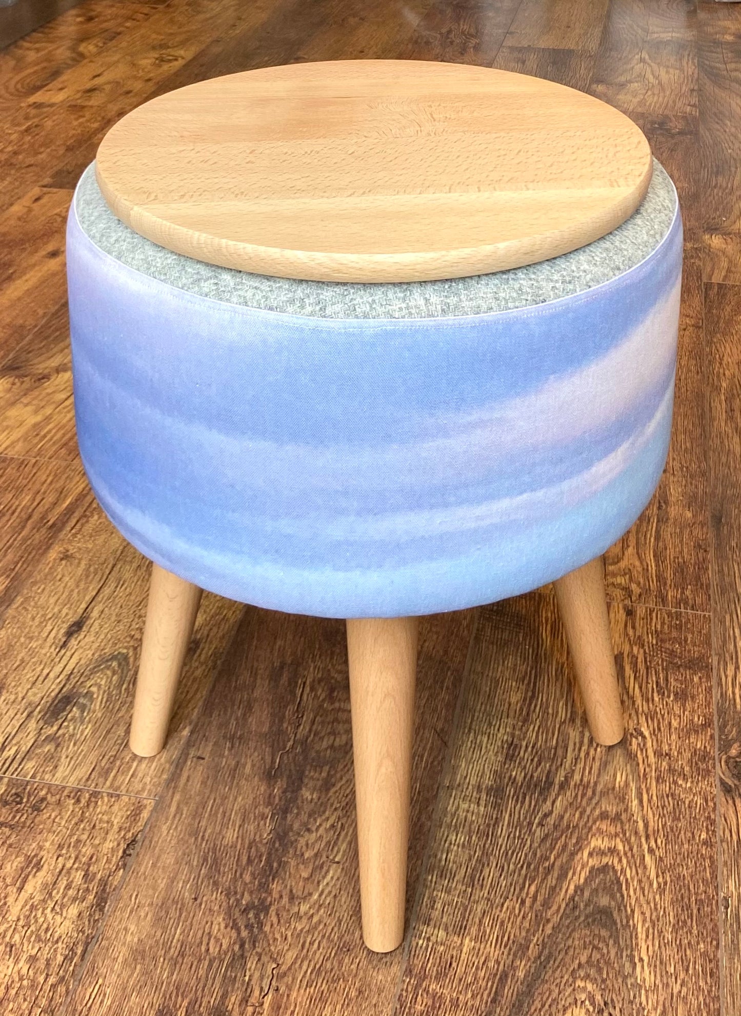 End Table: Skyscape and Grey Harris Tweed with Light Wooden Legs and Top