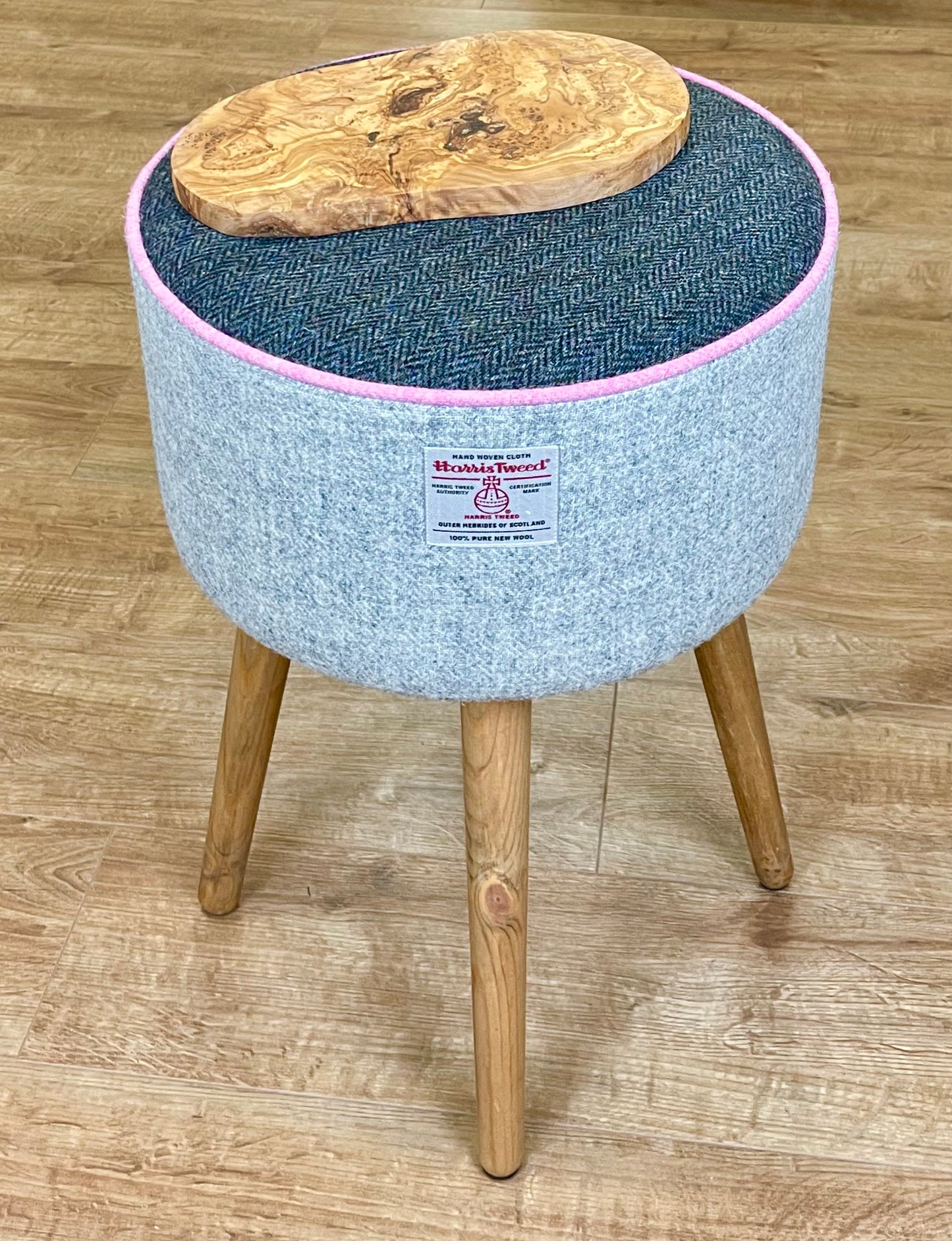 Rustic Style End Table, Grey and Charcoal Harris Tweed with Pink Piping and and Olive Wood Top