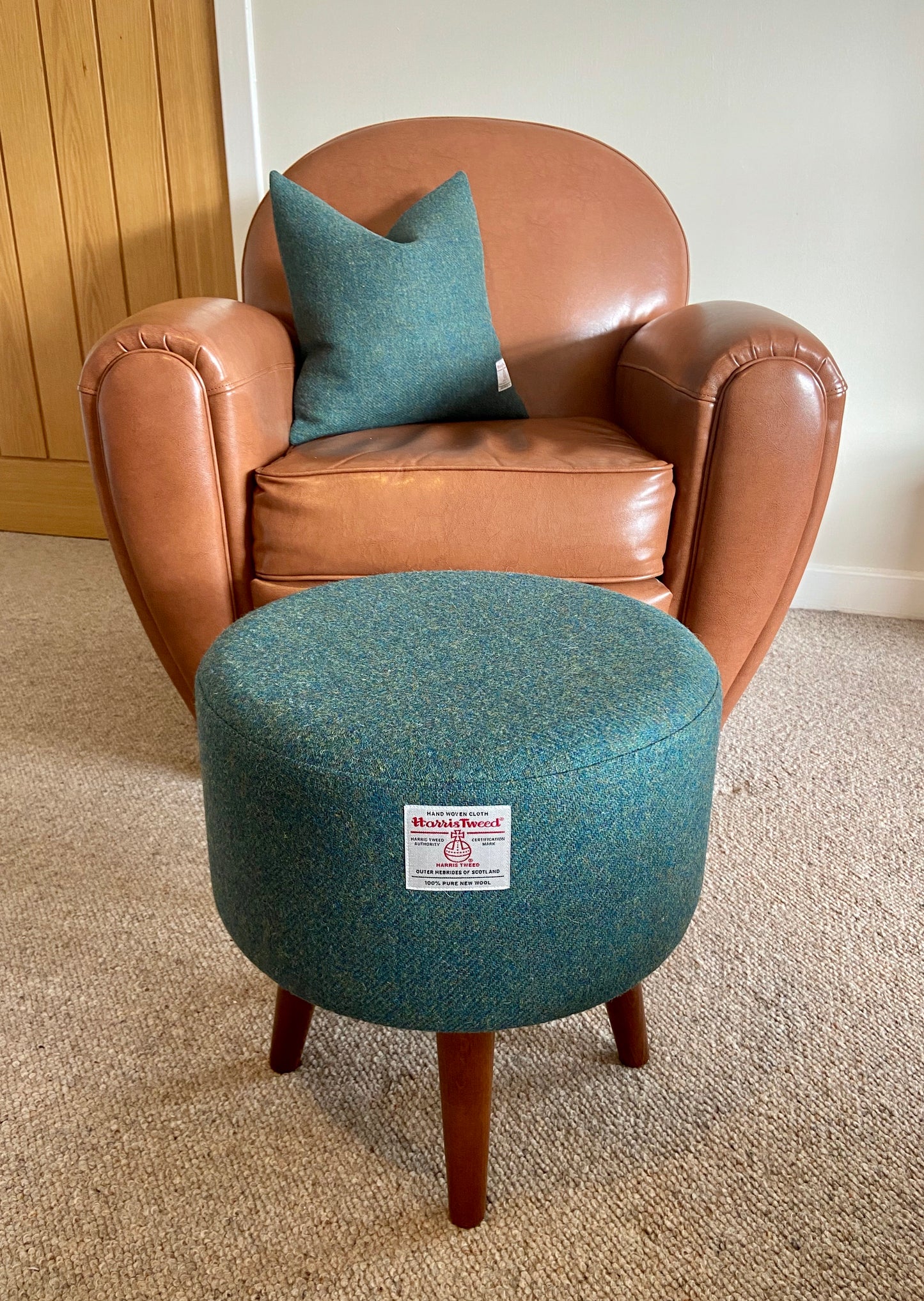 Green Harris Tweed Footstool with Dark Varnished Wooden Legs