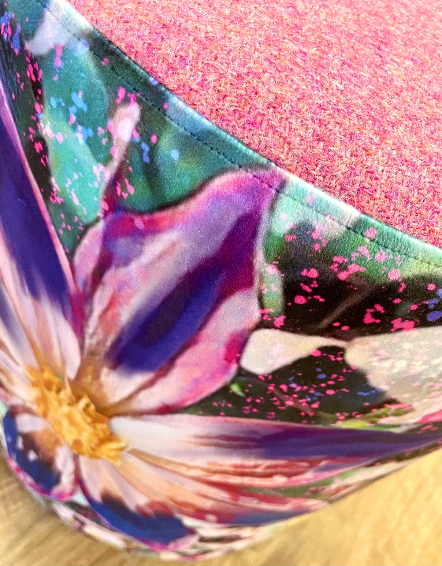Arran Flower Velvet and Pink Harris Tweed Medium Floating Footstool