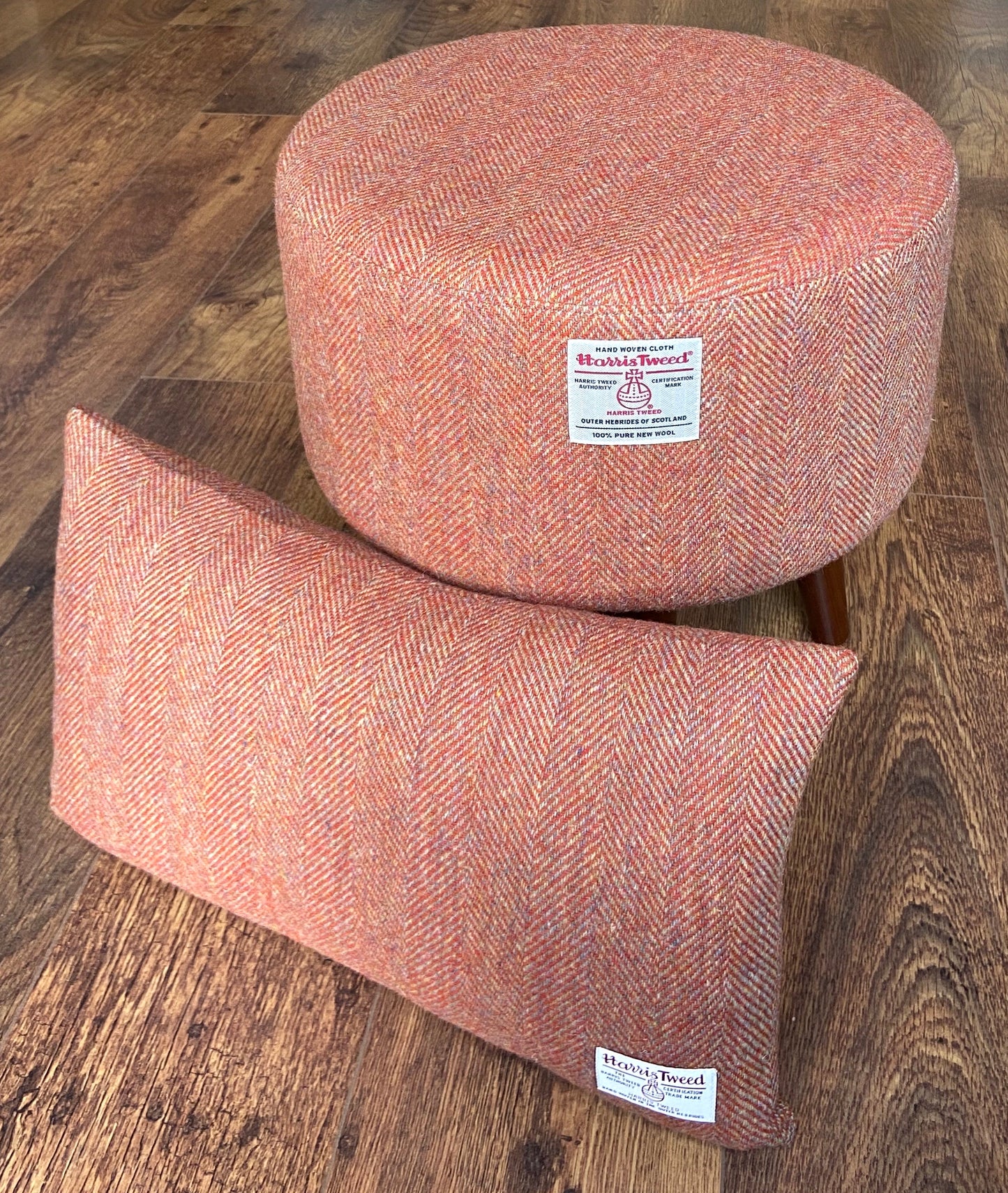 Rust / Burnt Orange Footstool: Harris Tweed, Dark Varnished Wooden Legs