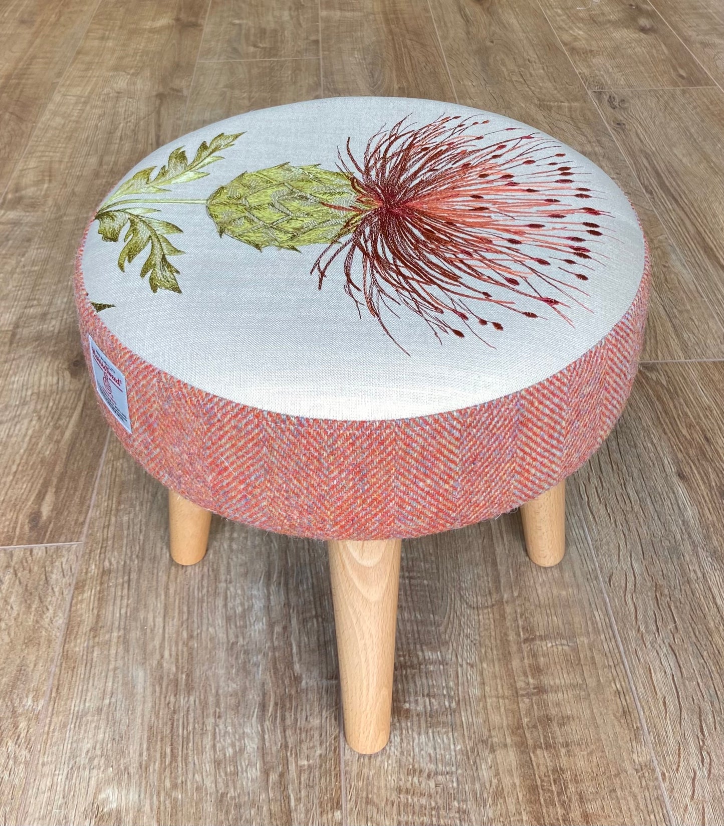 Burnt Orange Embroidered Thistle and Harris Tweed Footstool with Varnished Wooden Legs