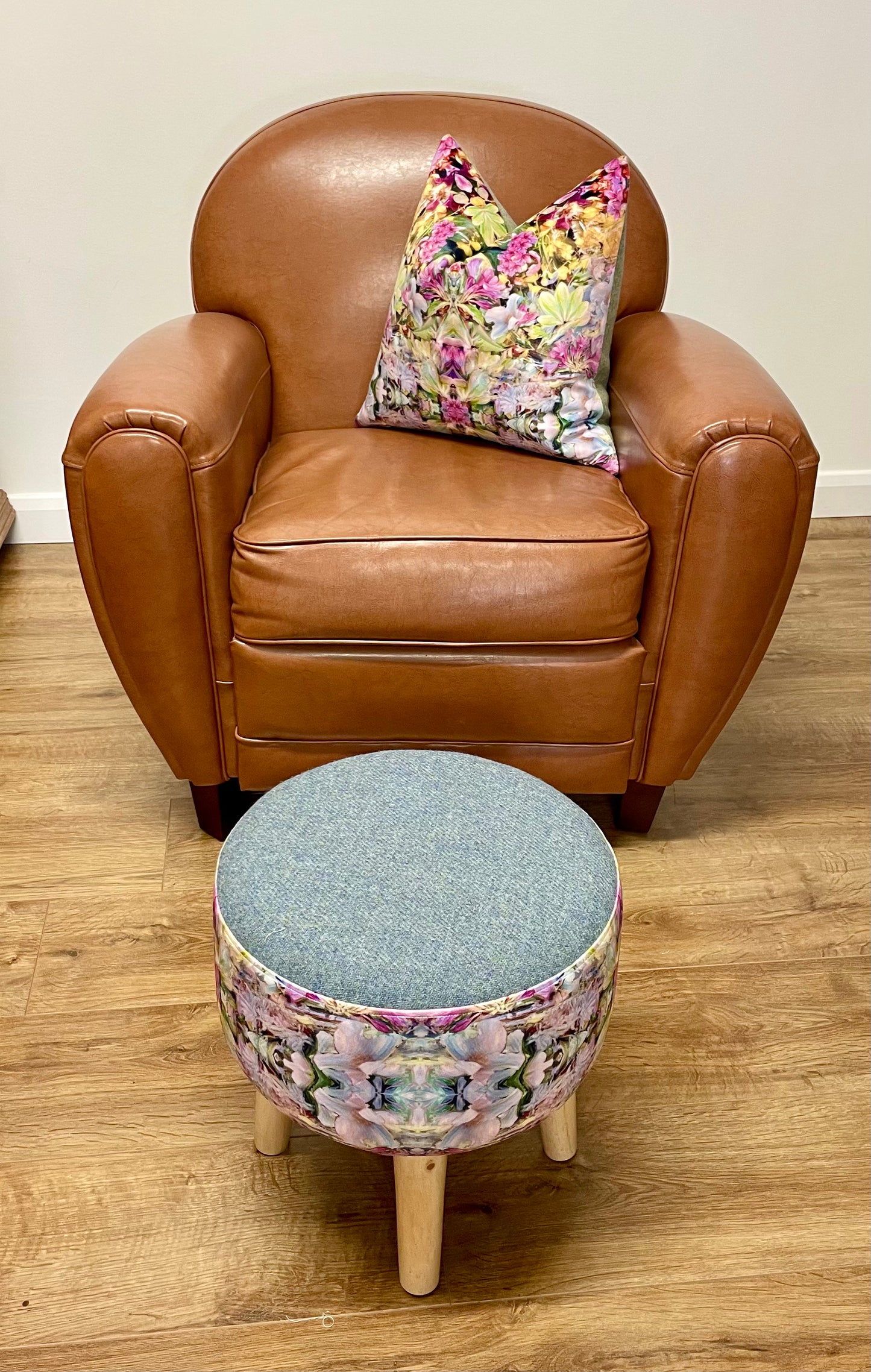 Floral Velvet and Light Blue Harris Tweed Upholstered Footstool with Light Rustic Wooden Legs.