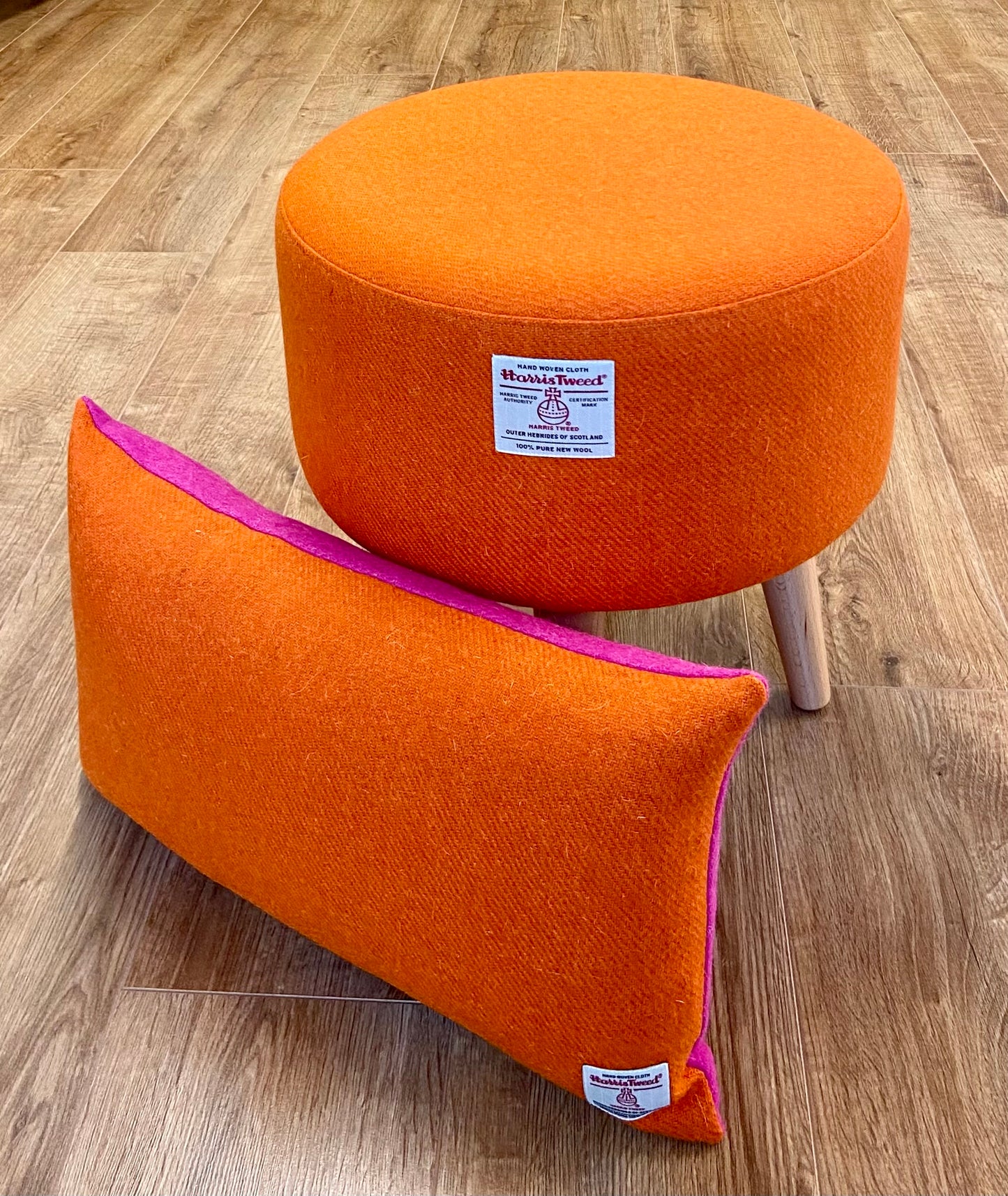 Upholstered Orange Harris Tweed Footstool with Varnished Wooden Legs