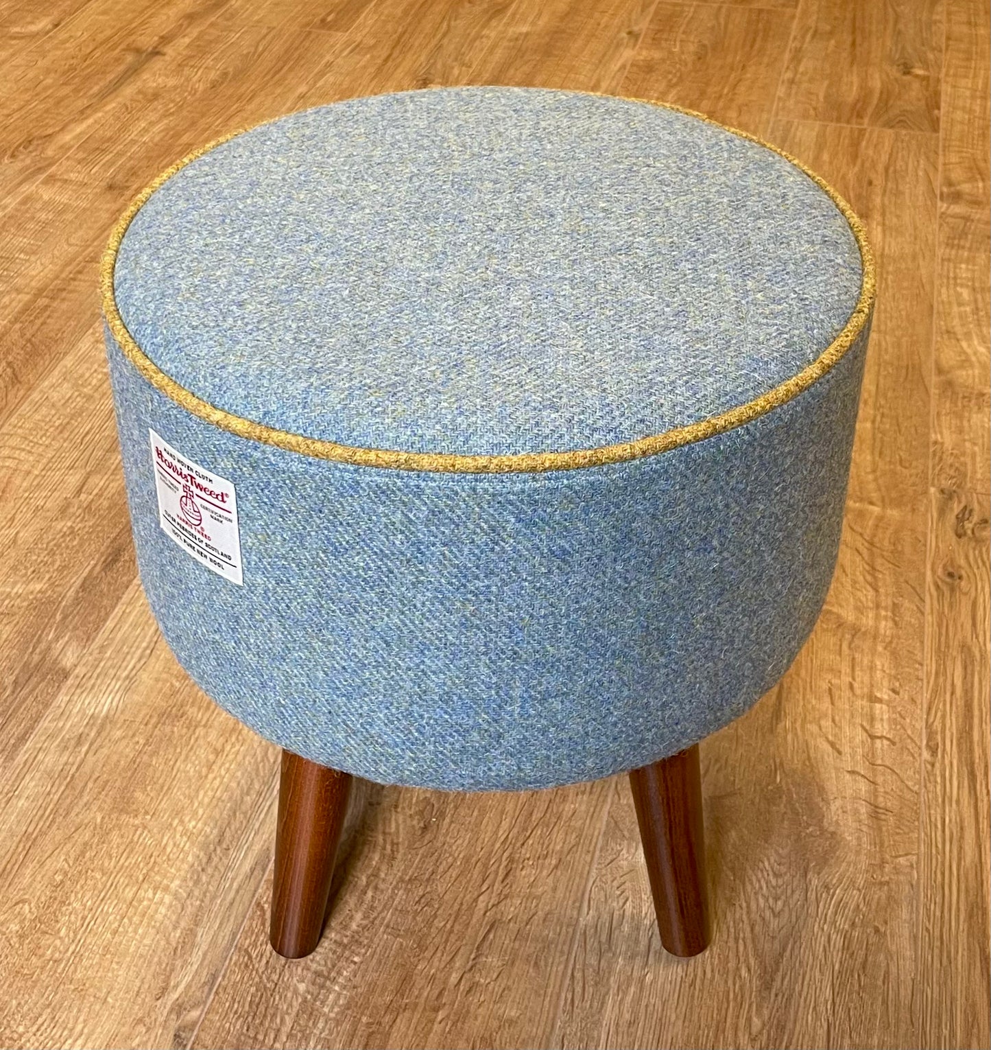 Sky Blue Harris Tweed Footstool with Mustard Piping and Dark Varnished Wooden Legs