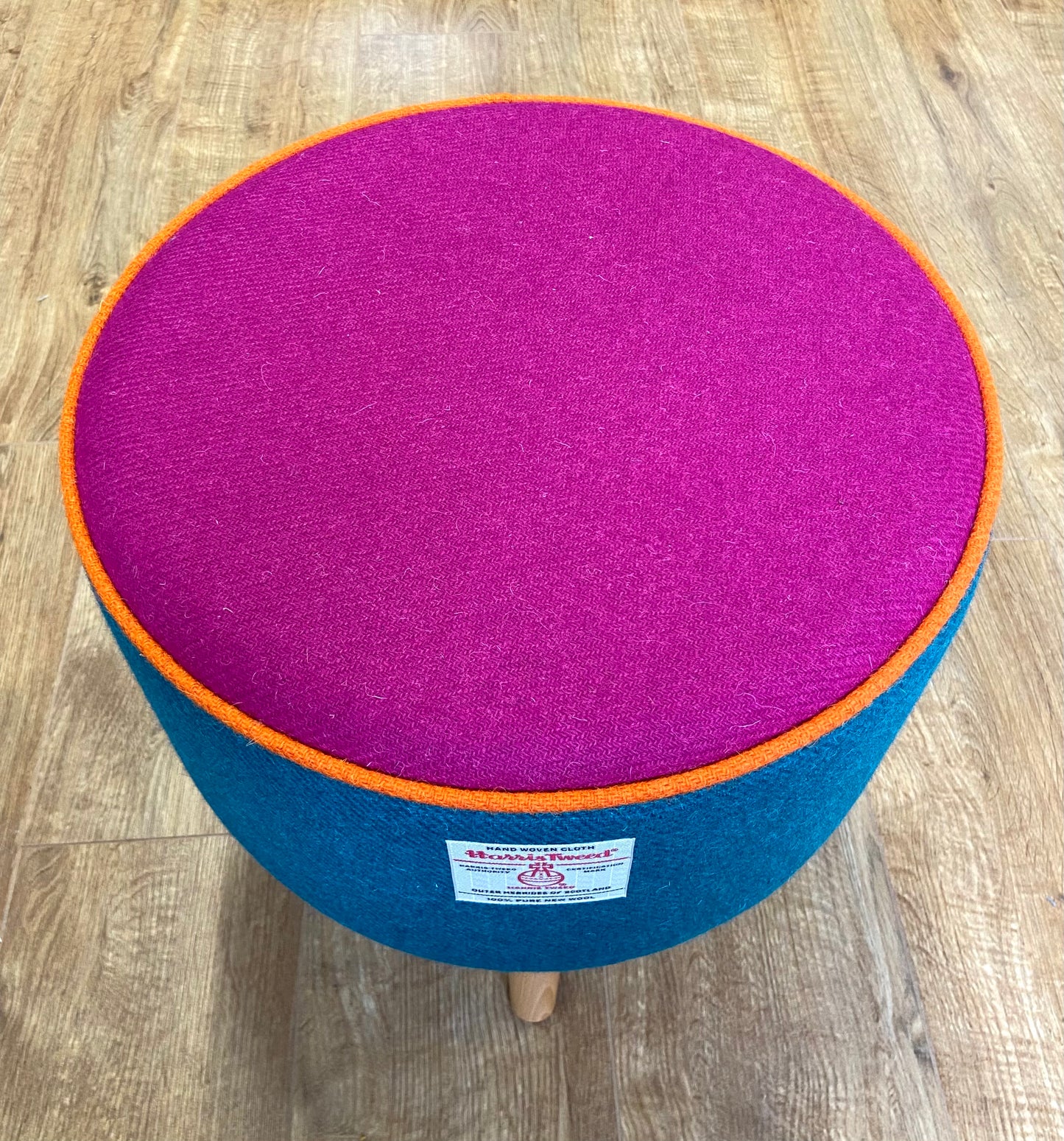 Teal and Fuchsia Harris Tweed Footstool with Orange Piping and Varnished Wooden Legs