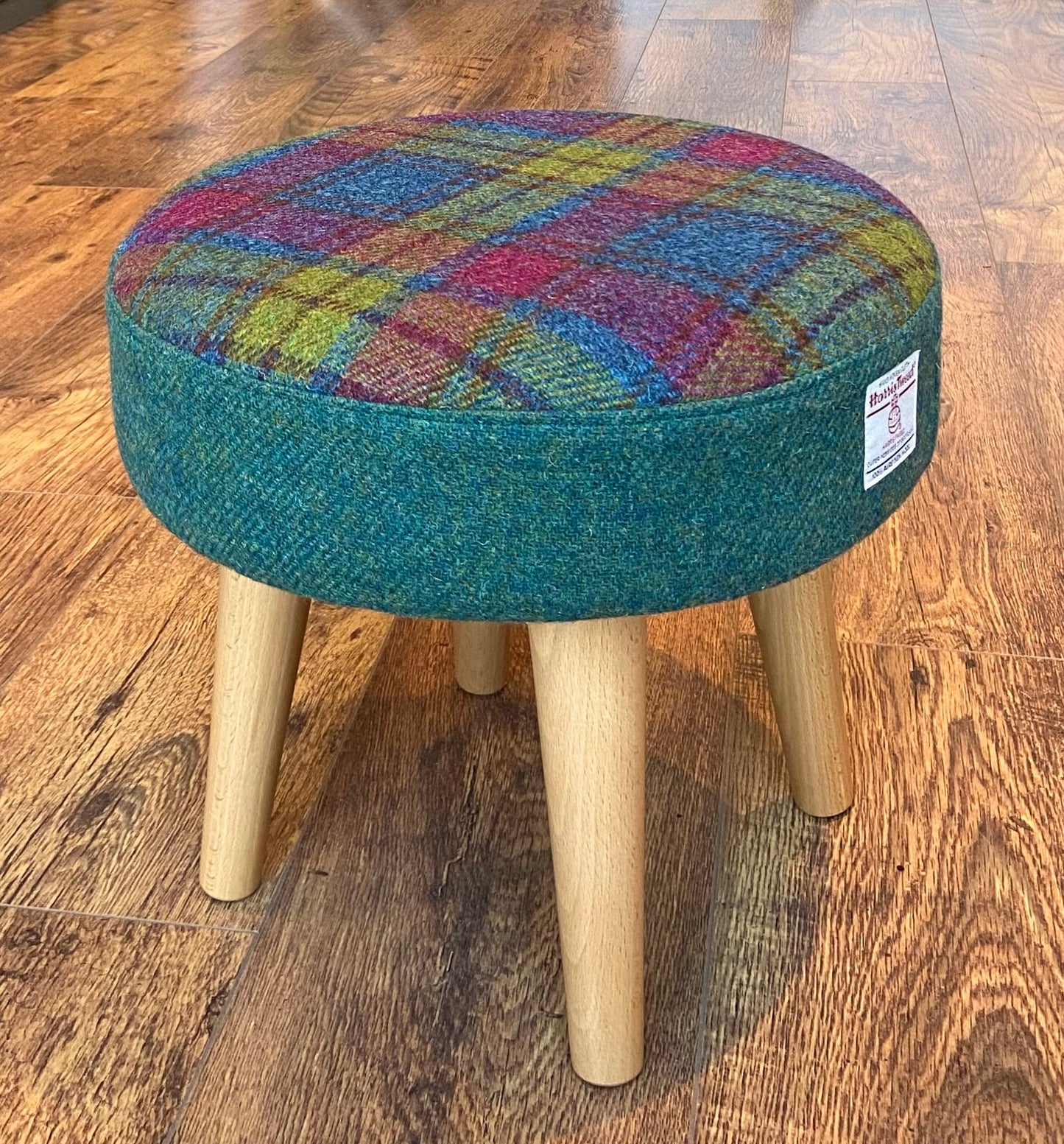 Colourful Tartan and Green Harris Tweed Footstool with Varnished Wooden Legs