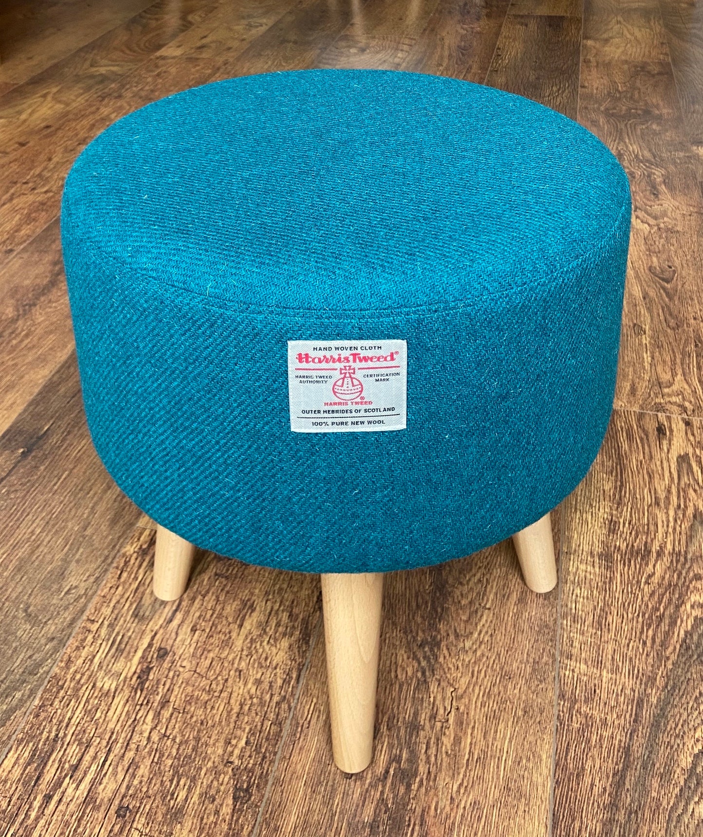 Teal Harris Tweed Footstool with Varnished Wooden Legs