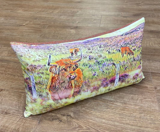 Highland Cow and Rust Harris Tweed Oblong Cushion